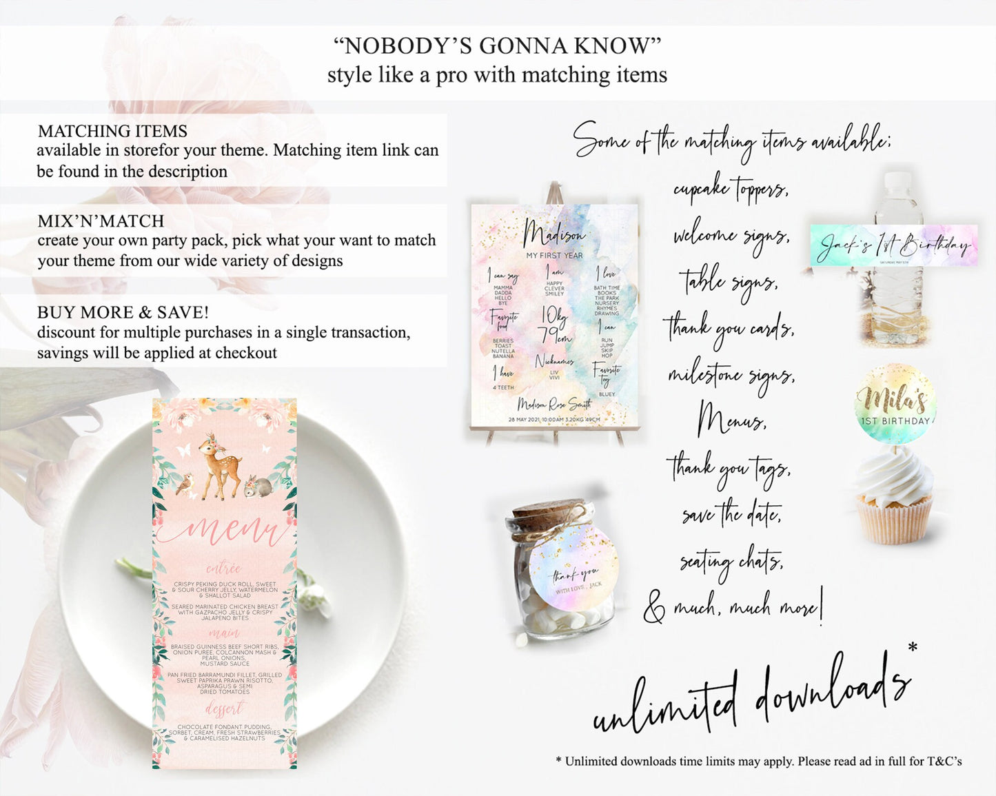 Fawn Menu Deer Menu Template Pastel Floral Deer Table Decor Enchanted Forest Butterfly Floral Dinner Dessert Menu Party Food Menu D10921