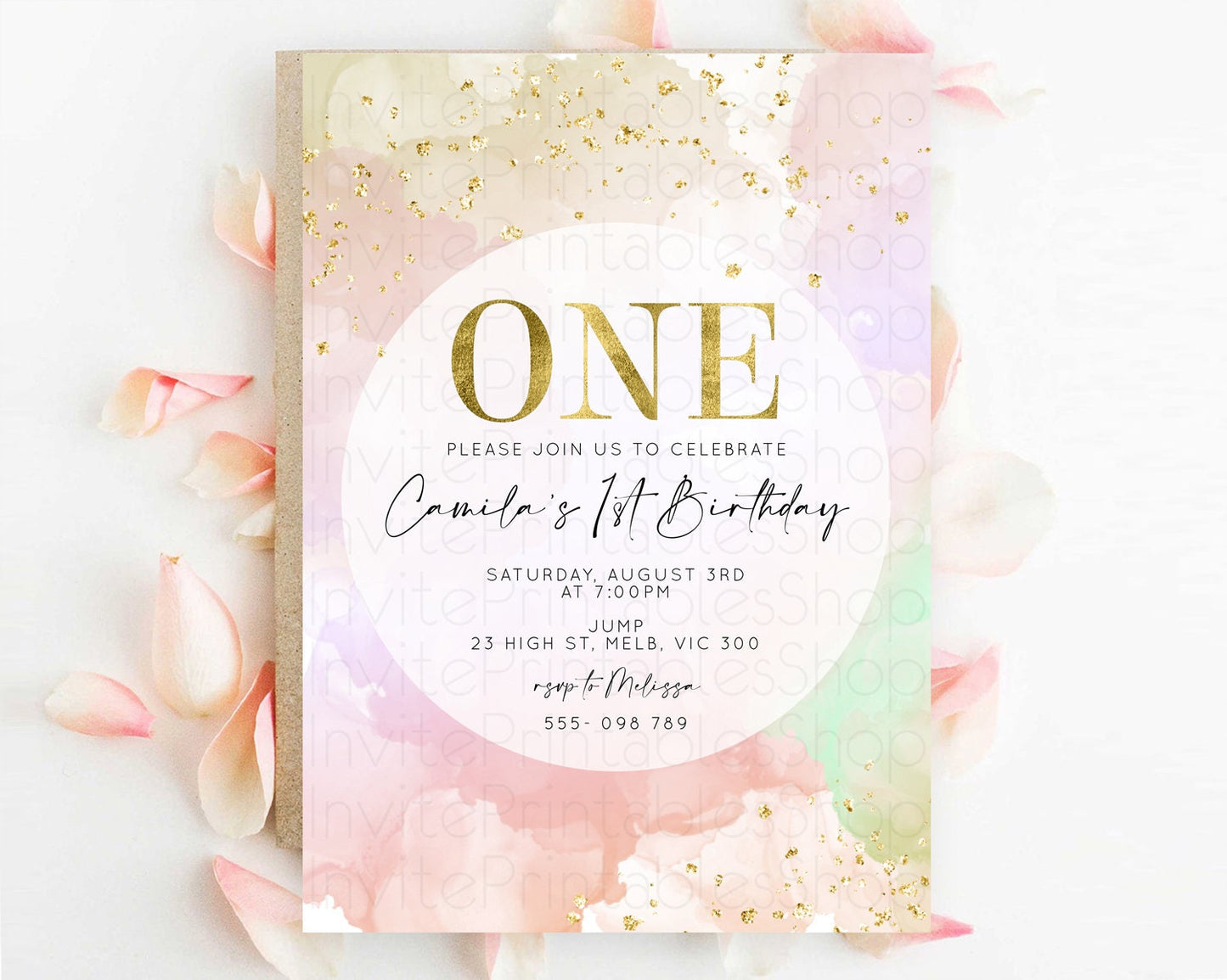 Rainbow Birthday Invitation Colorful Pastel Watercolor Invitation Gold Glitter Sprinkles Ombre Pastel 1st 2nd 3rd Birthday D10627