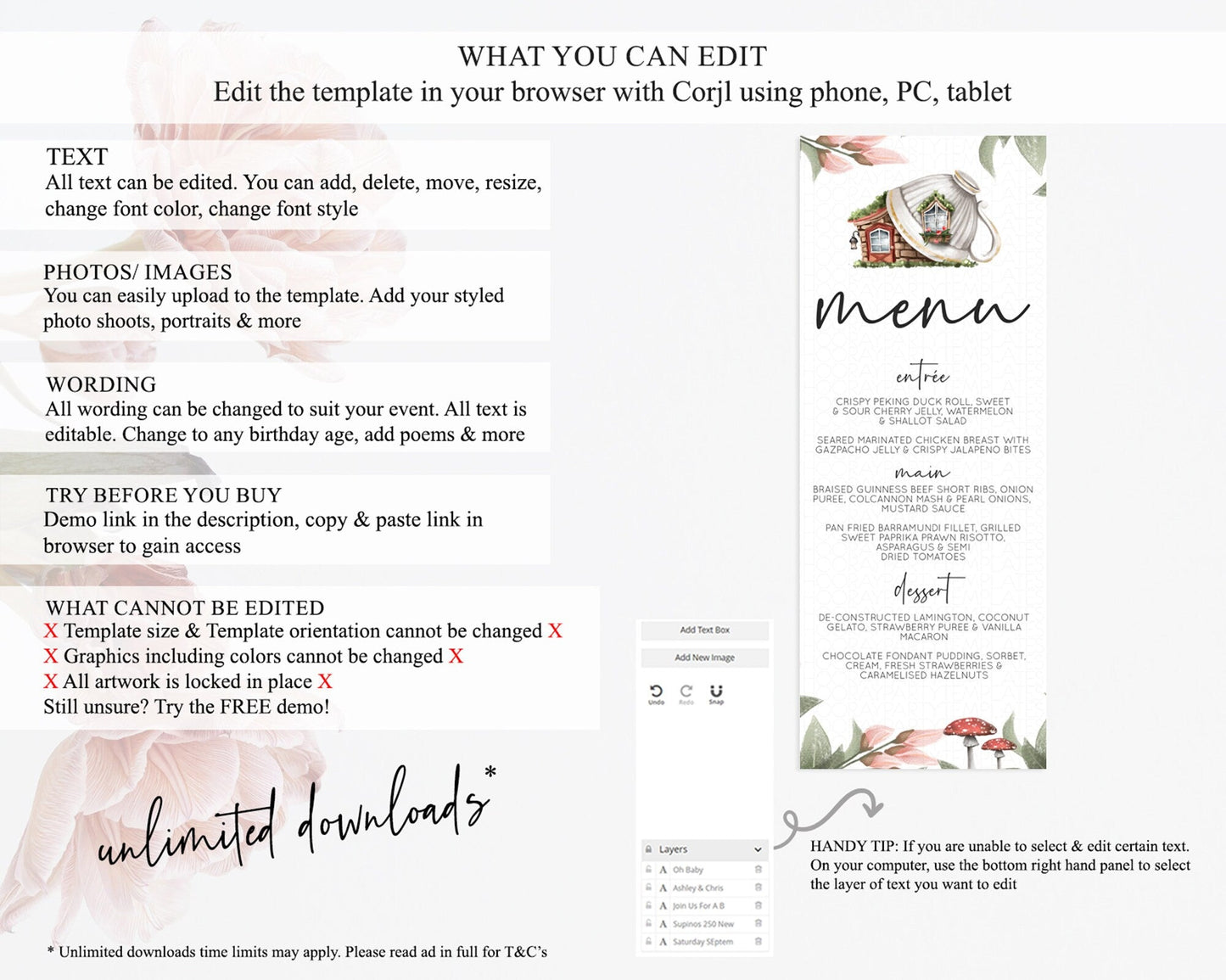 Fairy Menu Fairy Menu Template Enchanted Garden Pastel Floral Butterfly Table Decor Fairy Secret Garden Dinner Dessert Food Menu D10851