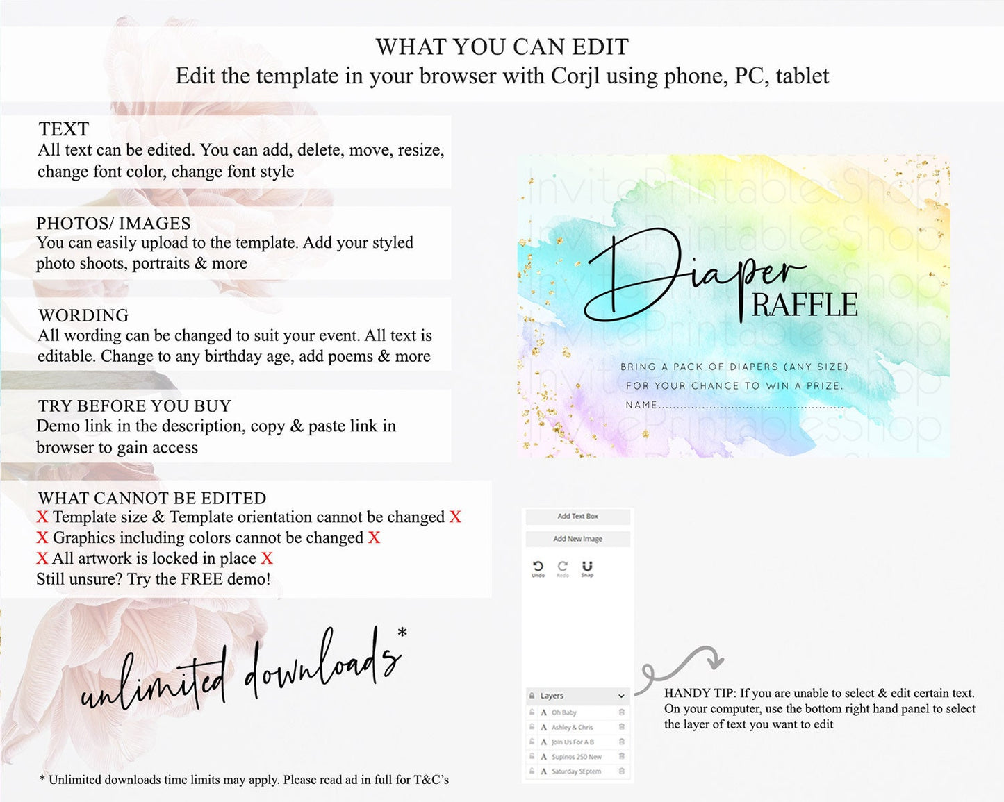 Pastel Diaper Raffle Card Pastel Rainbow Diaper Raffle Insert Colorful Ombre Watercolor Diaper Ticket Confetti Glitter Raffle Game D10171