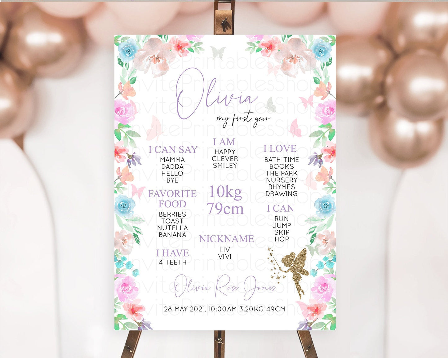 Fairy First Birthday Milestone Poster Fairy Secret Garden Milestone Board Enchanted Garden Pastel Floral Butterfly 1st Birthday Sign D10126