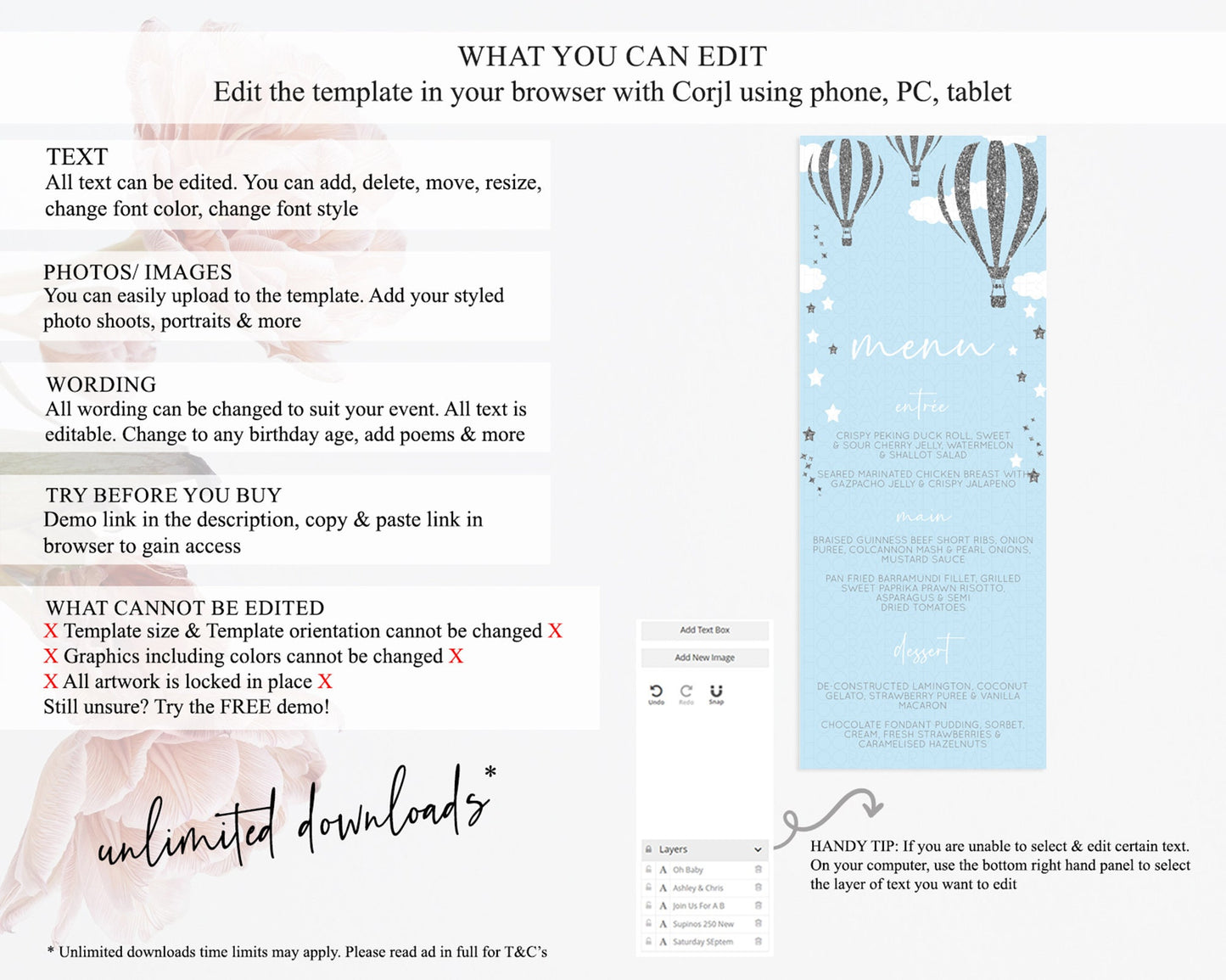 Hot Air Balloon Menu Hot Air Balloon Menu Template Hot Air Balloon Table Decor Adventure Awaits Dinner Dessert Party Food Menu D10335