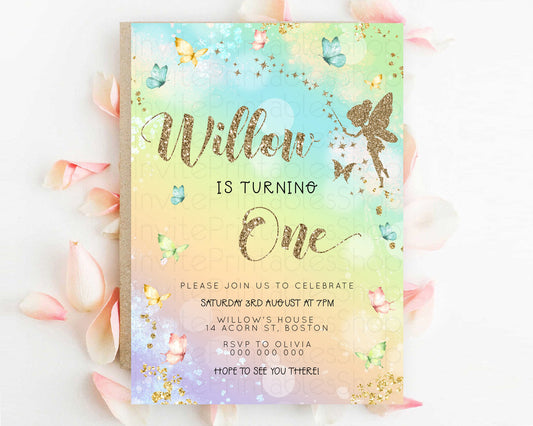 Pastel Fairy Birthday Invitation Pastel Butterflies Fairy Birthday Invitation Rainbow Ombre Watercolor 1st 2nd Birthday Invitation D23154