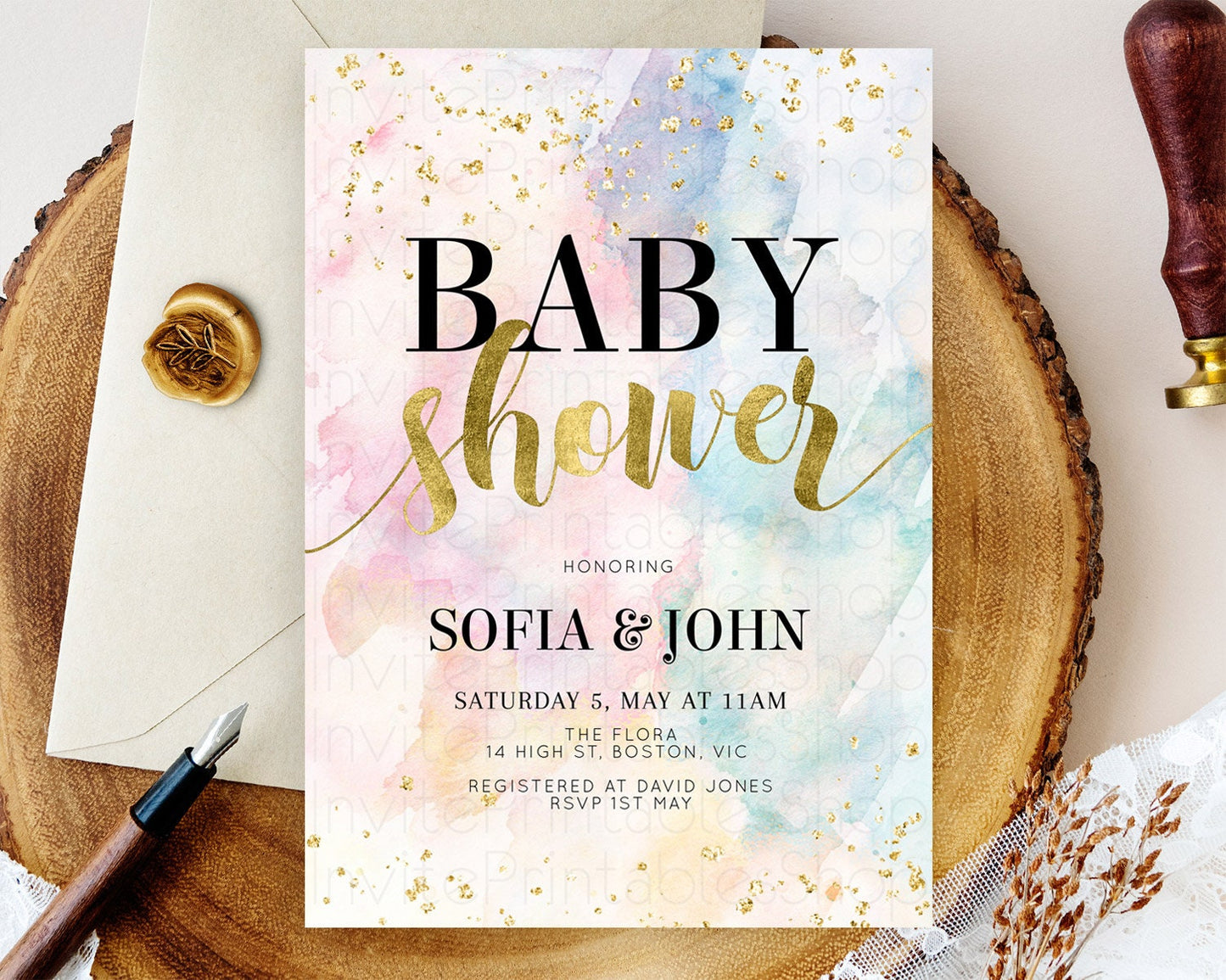 Pastel Baby Shower Invitation Rainbow Baby Shower Invitation Colorful Pastel Watercolor Invitation Gold Glitter Sprinkles Ombre D10265