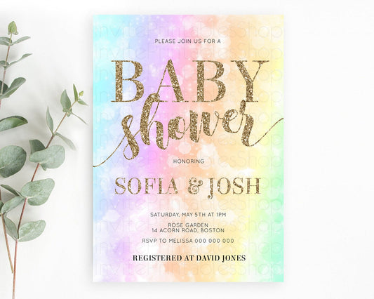 Editable Pastel Rainbow Baby Shower Invitation, Colorful Watercolor, Gold Gl