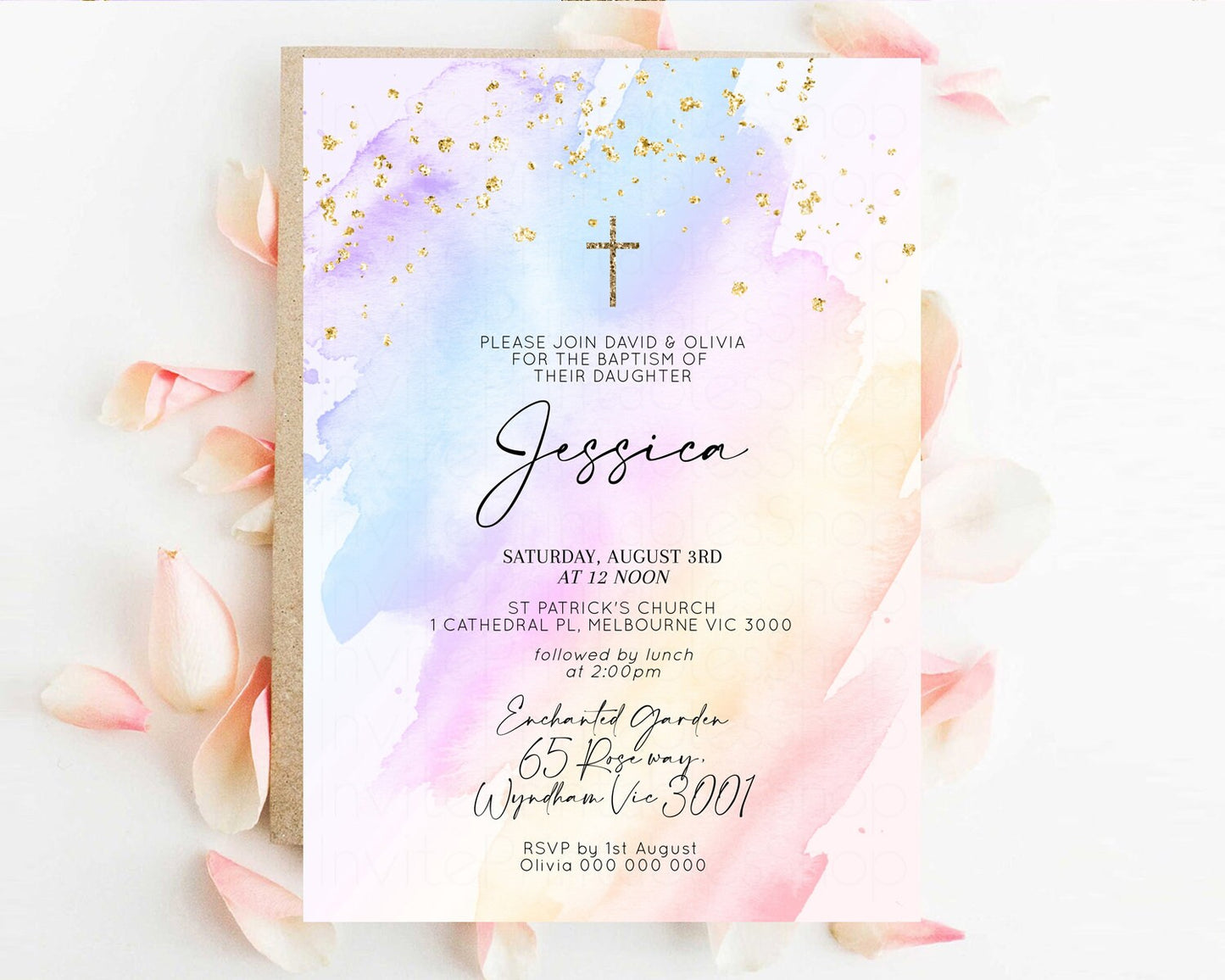 Rainbow Baptism Invitation Pastel Christening Invitation Holy Communion Invitation Glitter Watercolor Splash Invitation Colorful Invite t600