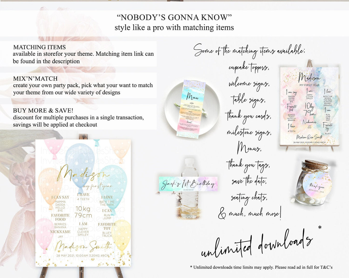 Pastel Balloons First Birthday Milestone Board Colorful Balloon Milestone Poster Rainbow Balloon Confetti 1st Birthday Welcome Sign D10182