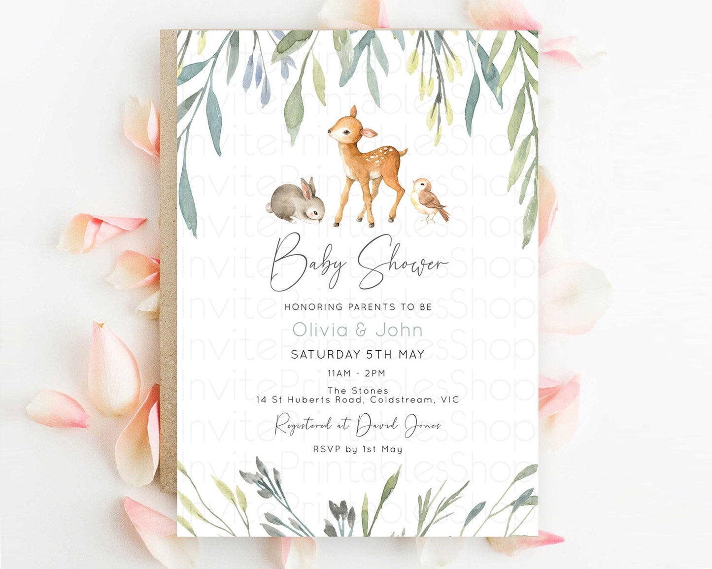 Enchanted Forest Baby Shower Invitation, Fawn, Deer with Soft Color Greenery, Whimsical Rustic Woodland Theme - Organic Pastel Green D10919