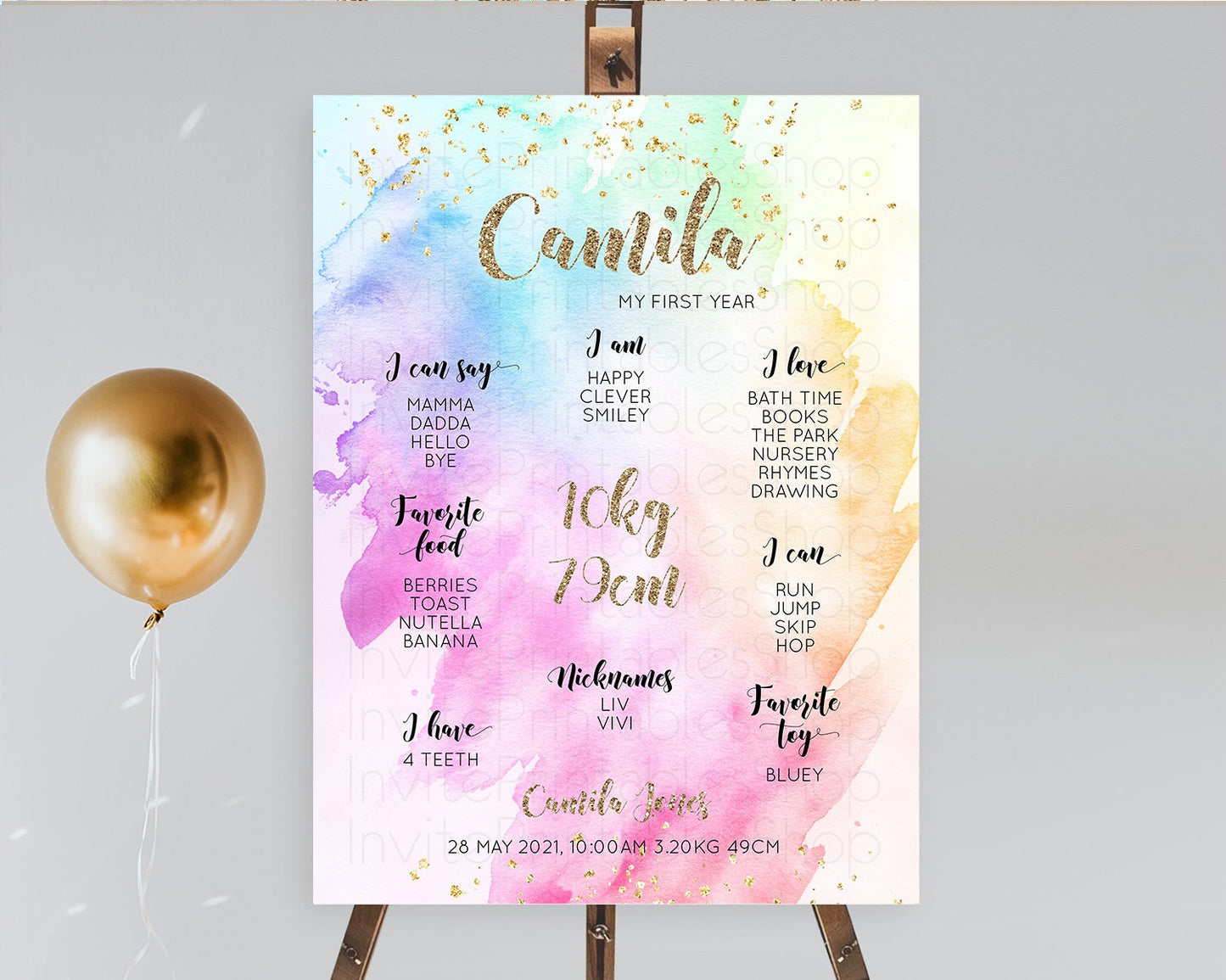 Pastel First Birthday Milestone Board Pastel Rainbow Milestone Poster Colorful Confetti Watercolor Glitter 1st Birthday Welcome Sign D10450