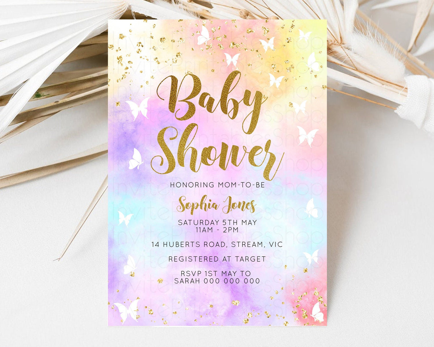 Rainbow Baby Shower Invitation Pastel Baby Sower Invitation Colorful Invite Sprinkle Confetti Watercolor Butterfly Baby Shower Invite D10435