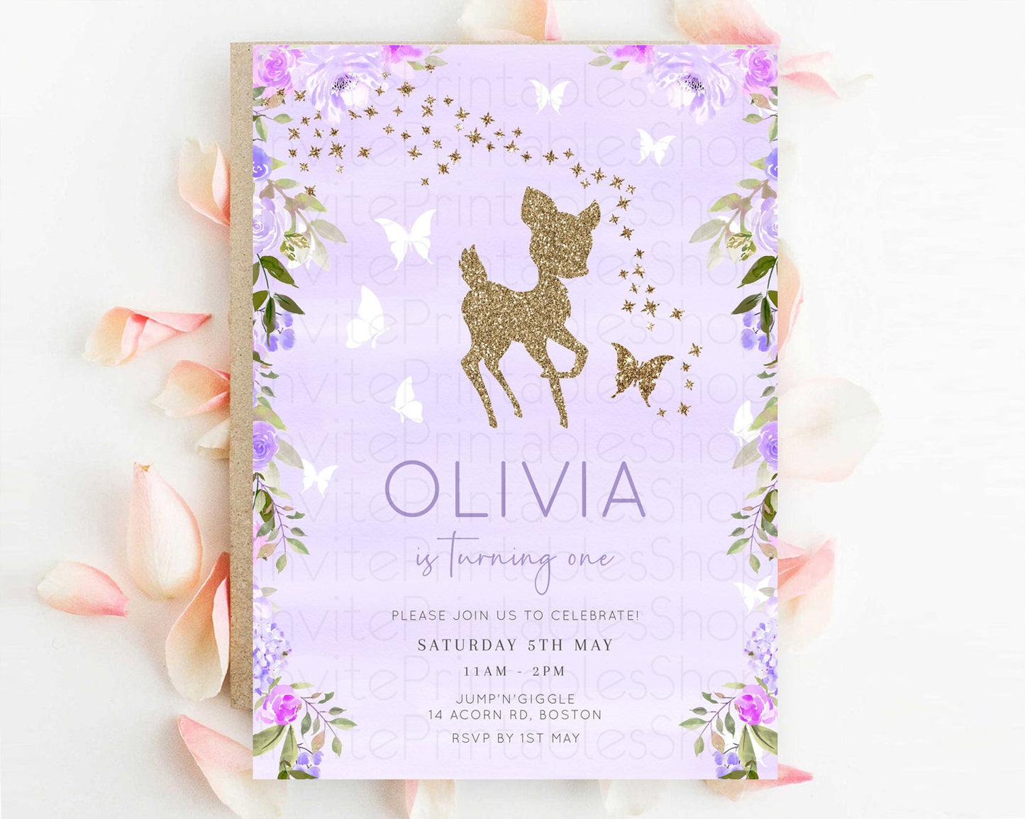 Fawn Birthday Invitation Deer Birthday Invitation Enchanted Forest Party Butterfly Pastel Flowers Whimsical 2nd 1st First Birthday D10963