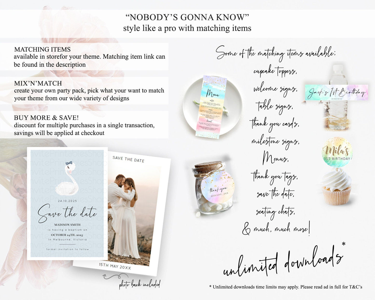 Swan Save The Date Template Swan Princess Ballet Party Enchanted Swan Lake Secret Garden Pastel Floral Birthday Baptism Baby Shower D10760