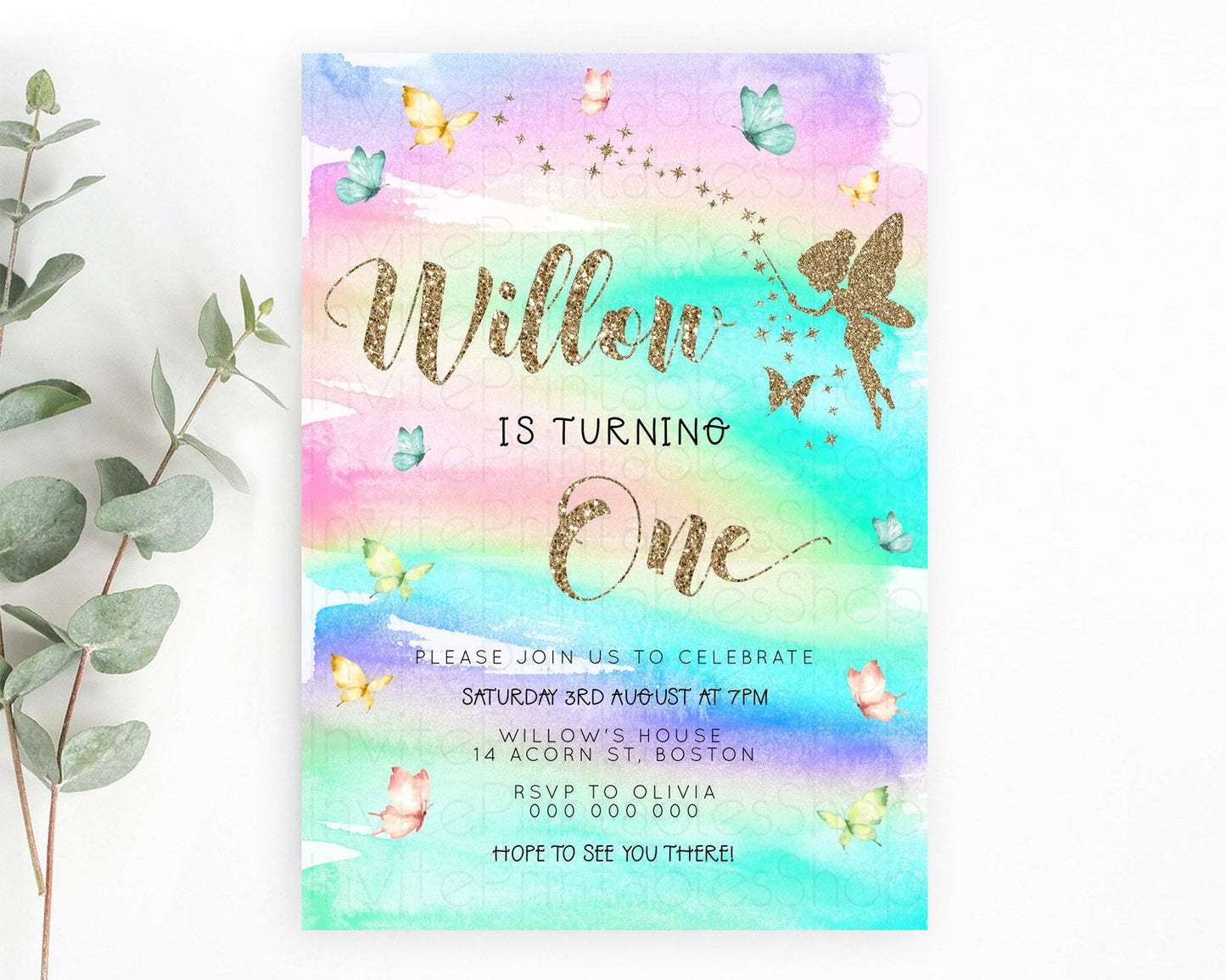 Pastel Fairy Birthday Invitation Pastel Butterflies Fairy Birthday Invitation Rainbow Ombre Watercolor 1st 2nd Birthday Invitation D23308