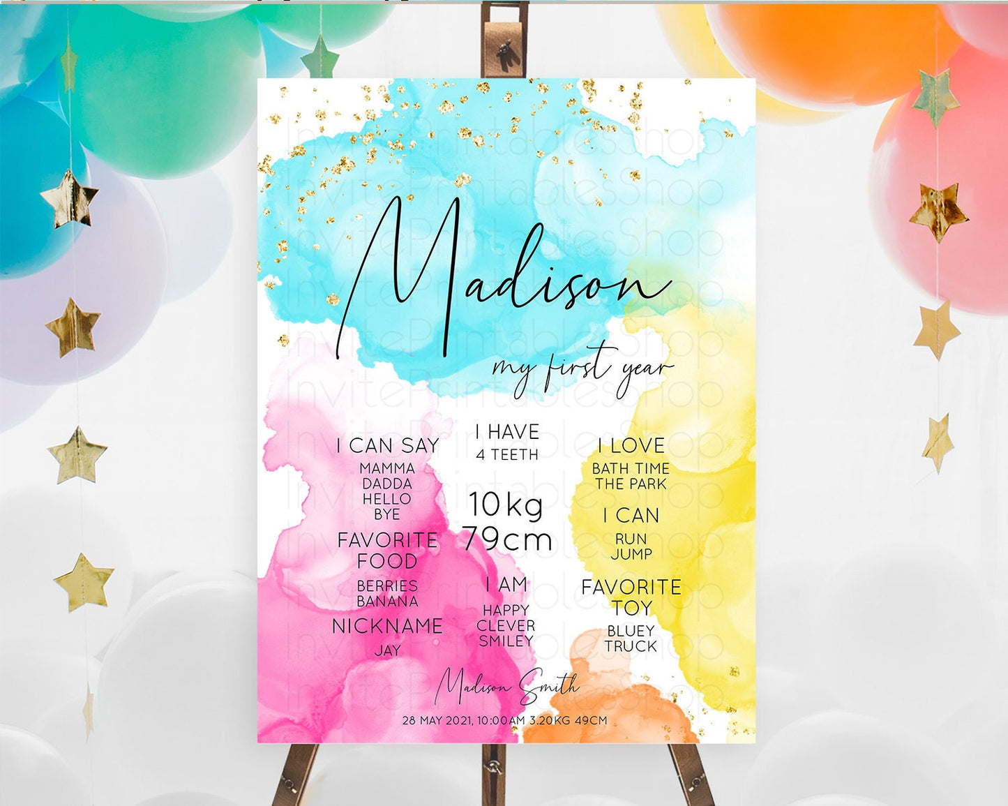 Pastel First Birthday Milestone Board Pastel Rainbow Milestone Poster Colorful Confetti Watercolor Glitter 1st Birthday Welcome Sign D10898