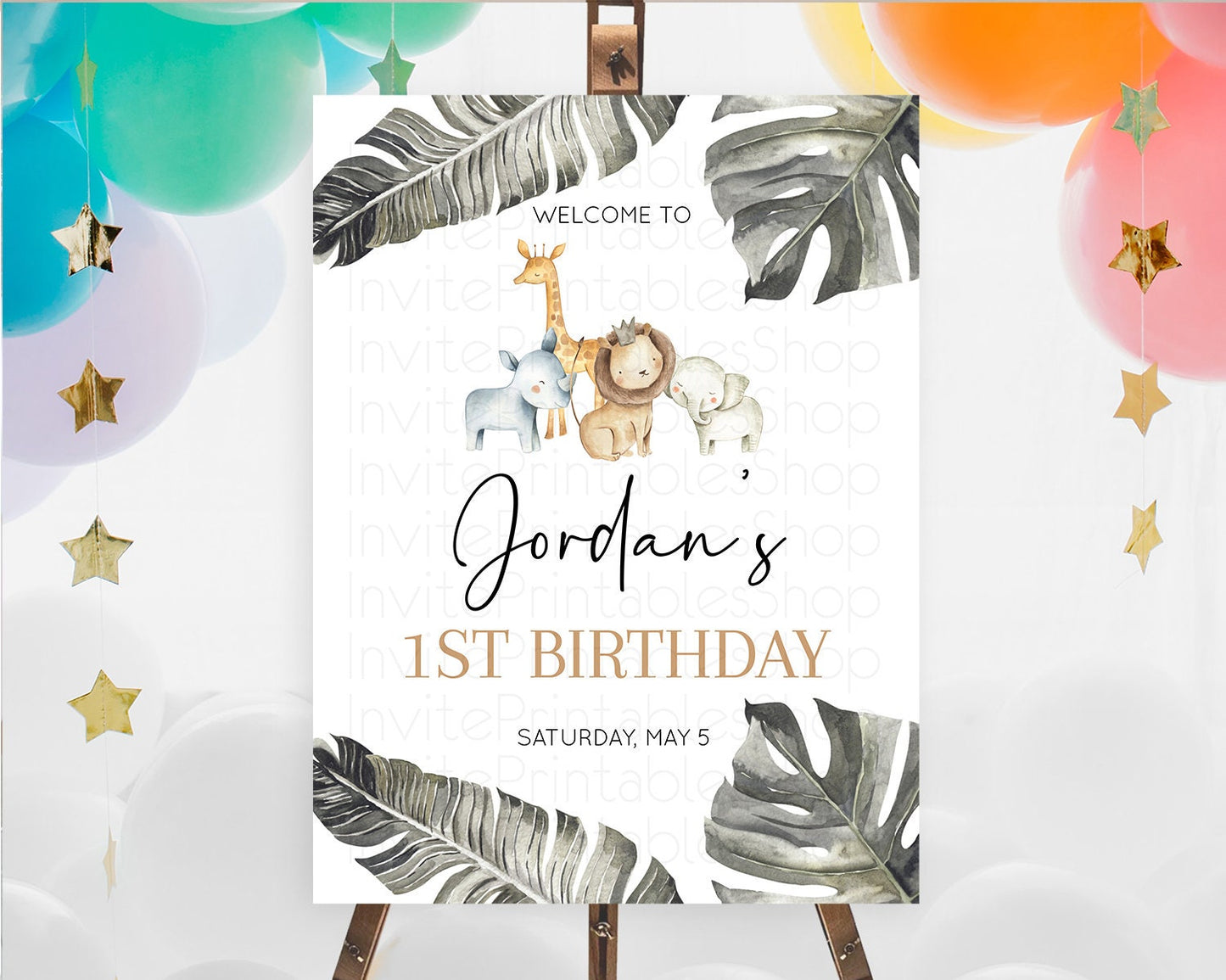 Safari Welcome Sign Safari Welcome Board Lion Gorilla Elephant Rhino Tropical Palm Zoo Party Decor First Birthday Welcome Sign D10599