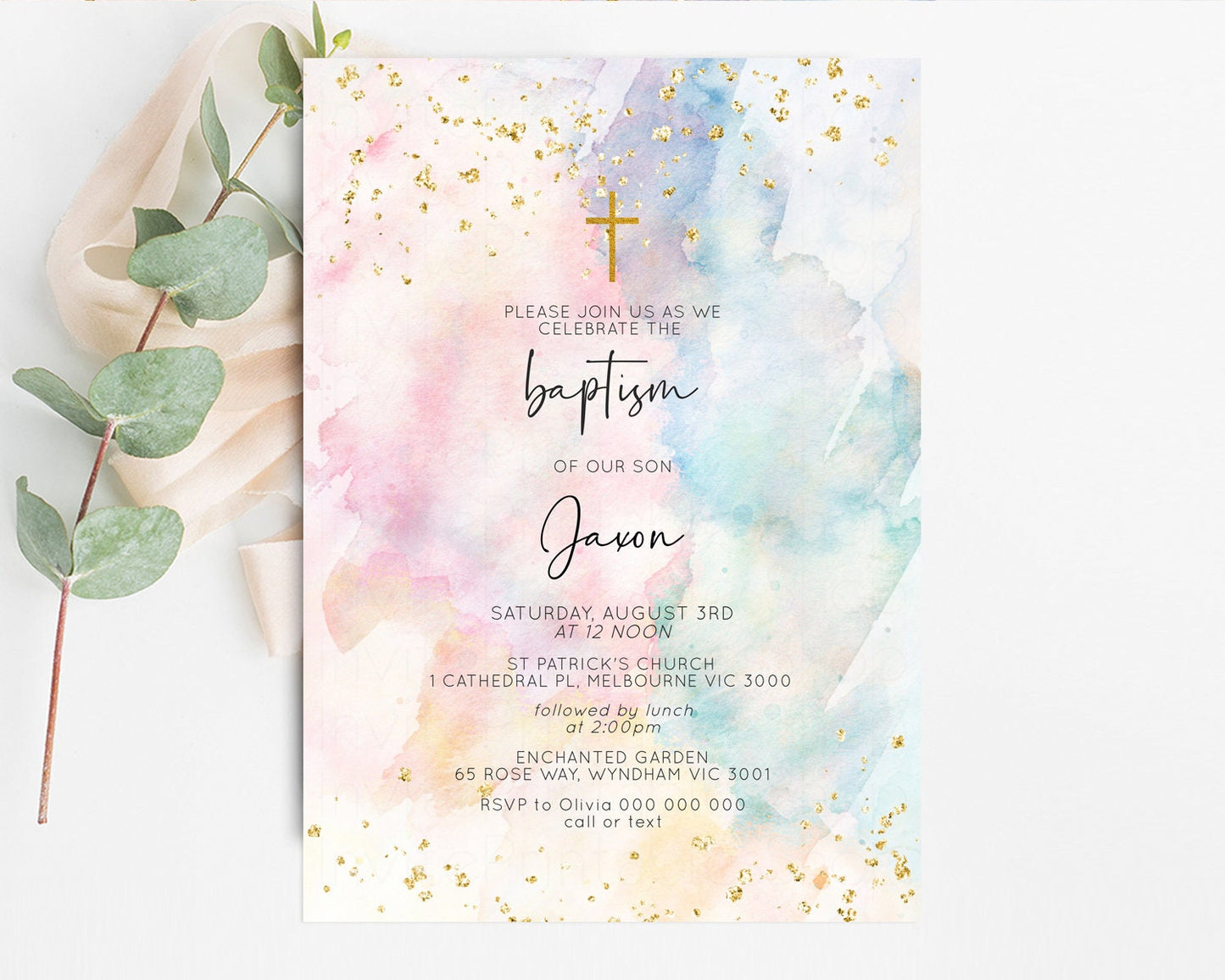 Rainbow Baptism Invitation Pastel Christening Invitation Holy Communion Invitation Glitter Watercolor Splash Invitation Colorful Invite 276