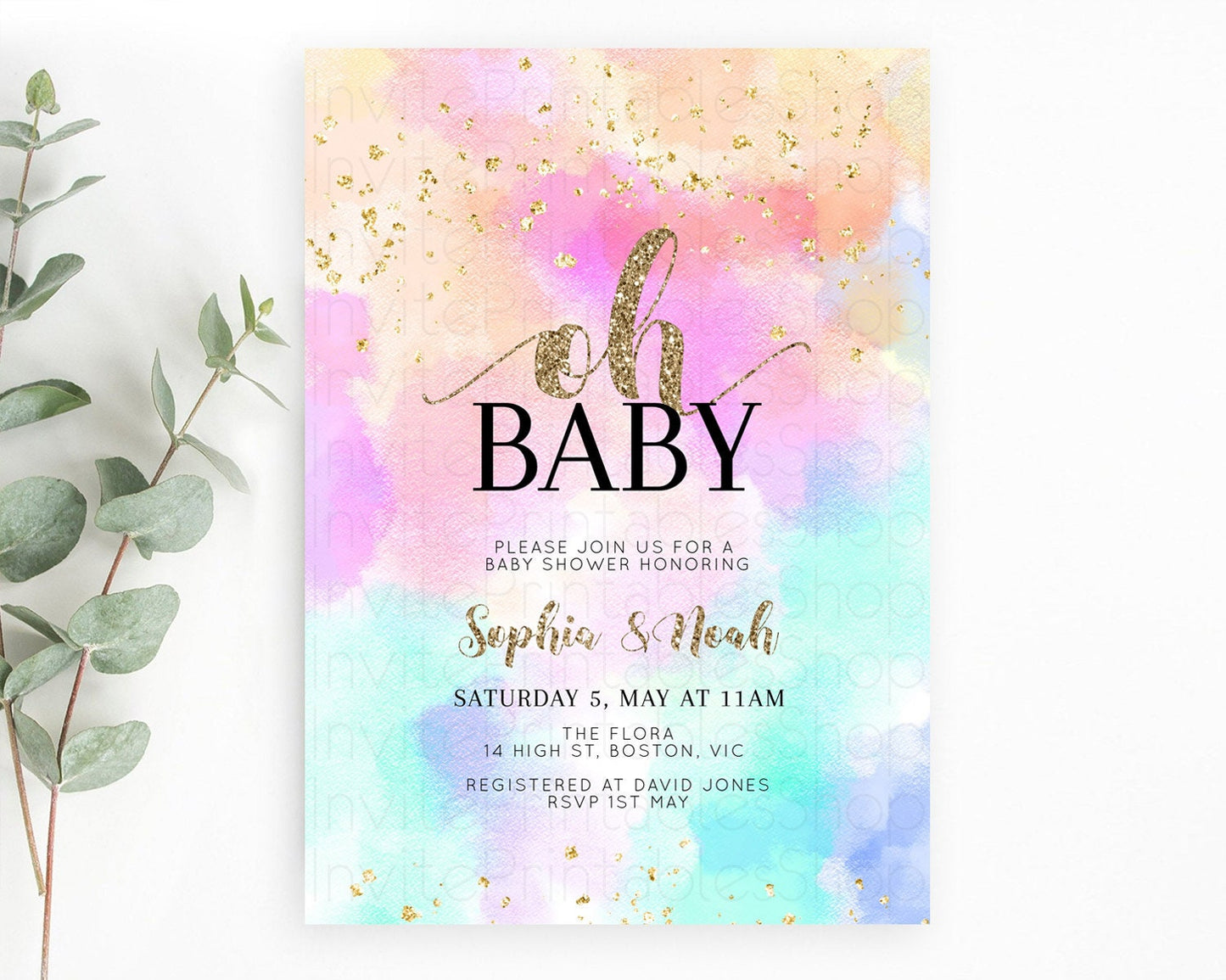 Pastel Baby Shower Invitation Rainbow Baby Shower Invitation Colorful Pastel Watercolor Invitation Gold Glitter Sprinkles Ombre D10669