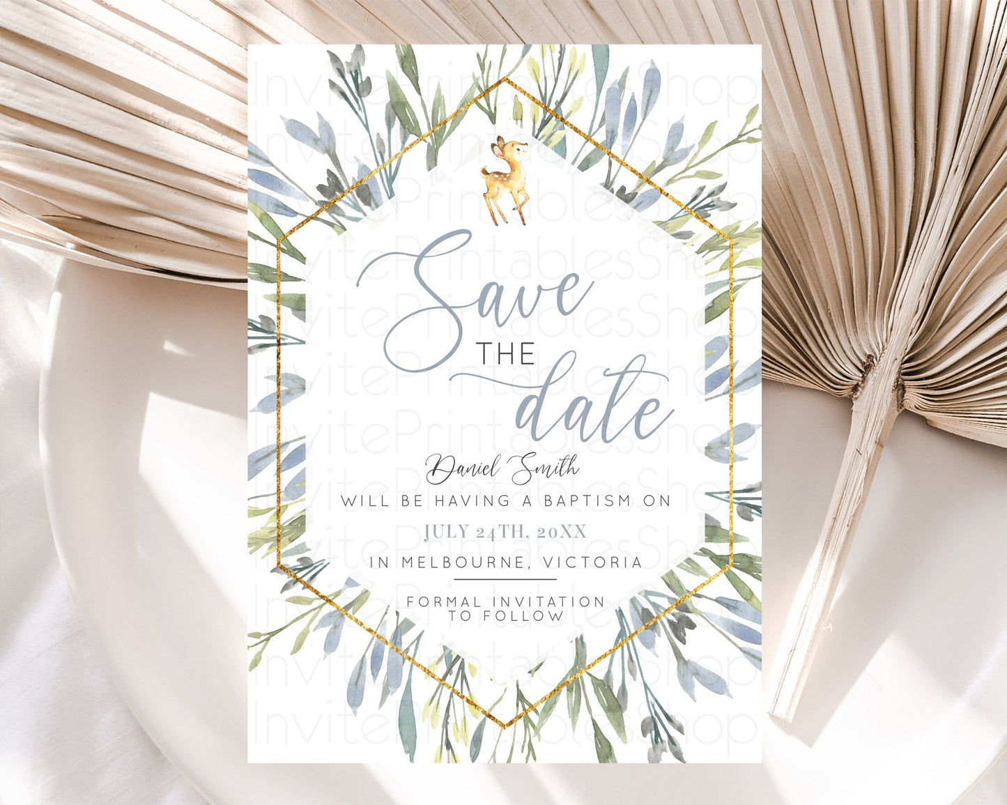 Fawn Deer Save The Date Template Pastel Floral Deer Enchanted Forest Butterfly Party 1st Birthday Baptism Baby Shower Bridal Shower D10400