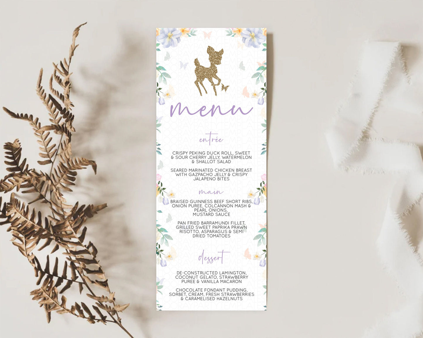 Fawn Menu Deer Menu Template Pastel Floral Deer Table Decor Enchanted Forest Butterfly Floral Dinner Dessert Menu Party Food Menu D10477