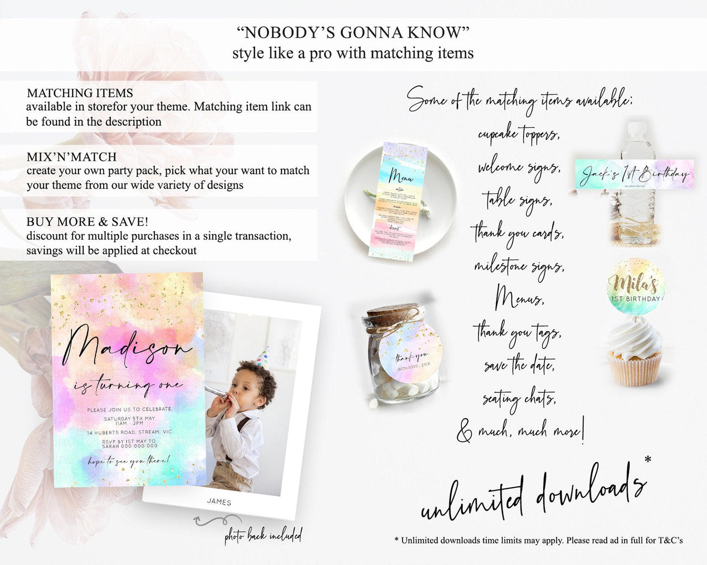 Rainbow Birthday Invitation Colorful Pastel Watercolor Invitation Gold Glitter Sprinkles Ombre Pastel 1st 2nd 3rd Birthday D10667