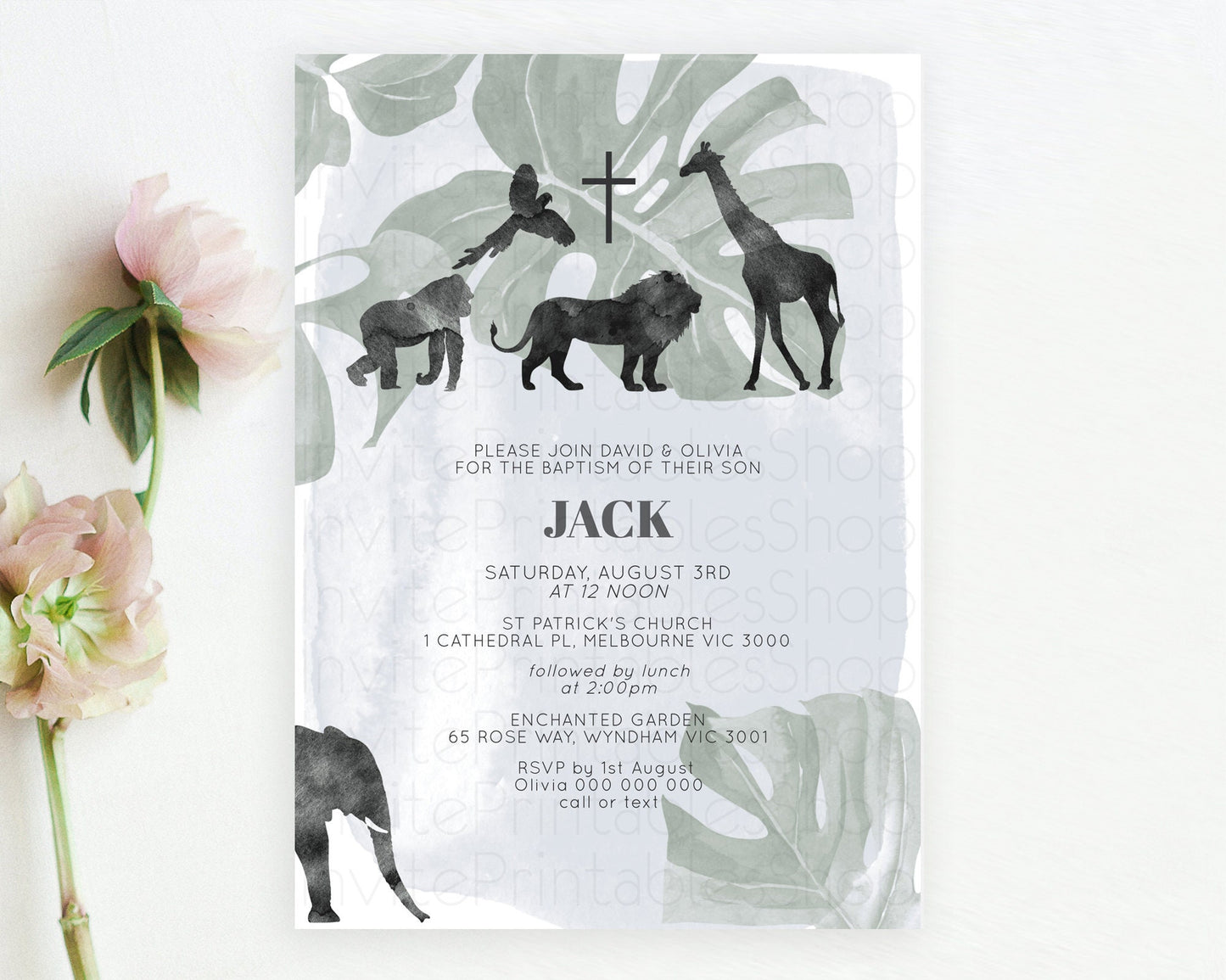 Safari Baptism Invitation Safari Adventure Baptism Birthday Invitation Lion Gorilla Elephant Rhino Tropical Palm Jungle Adventure D10203