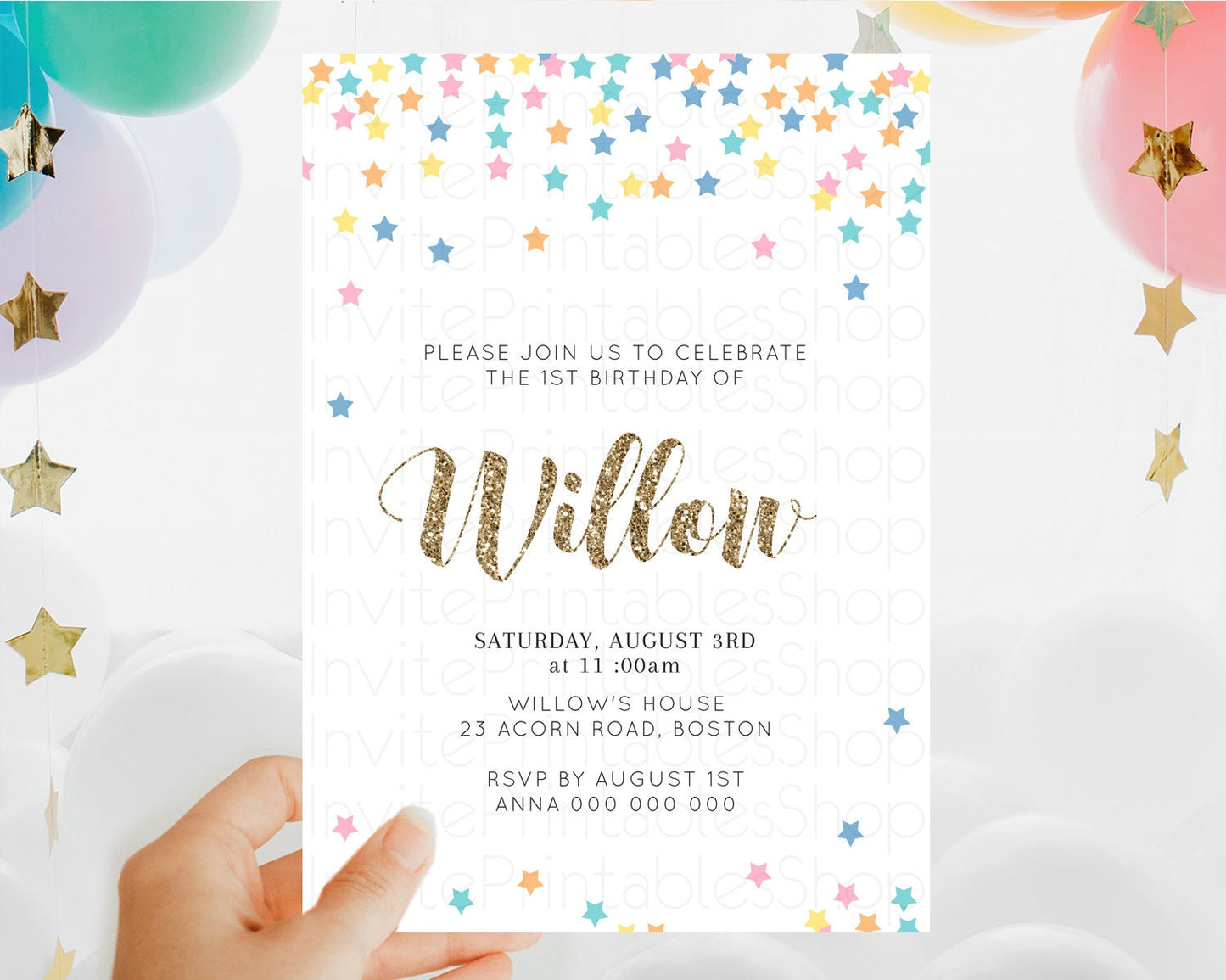 Star Birthday Invitation Pastel Stars Invite Shooting Star Party Rainbow Colorful Confetti Twinkle Little Star 2nd First Birthday D10298