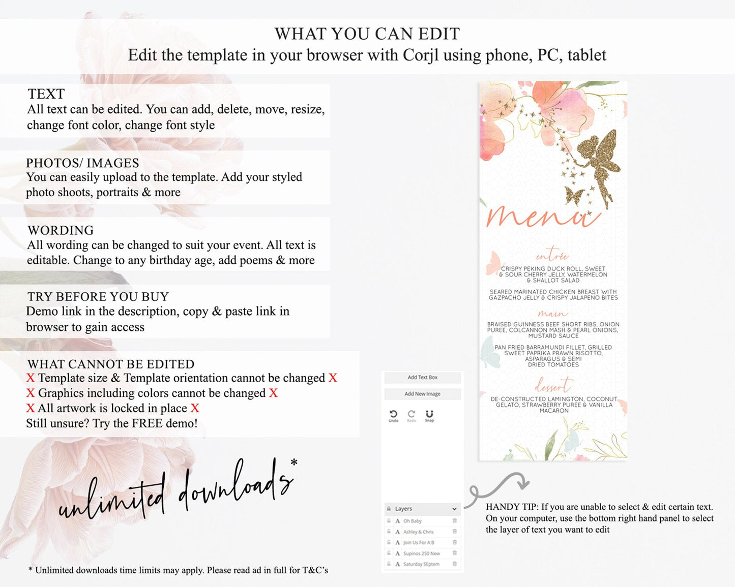 Fairy Menu Fairy Menu Template Enchanted Garden Pastel Floral Butterfly Table Decor Fairy Secret Garden Dinner Dessert Food Menu D10934