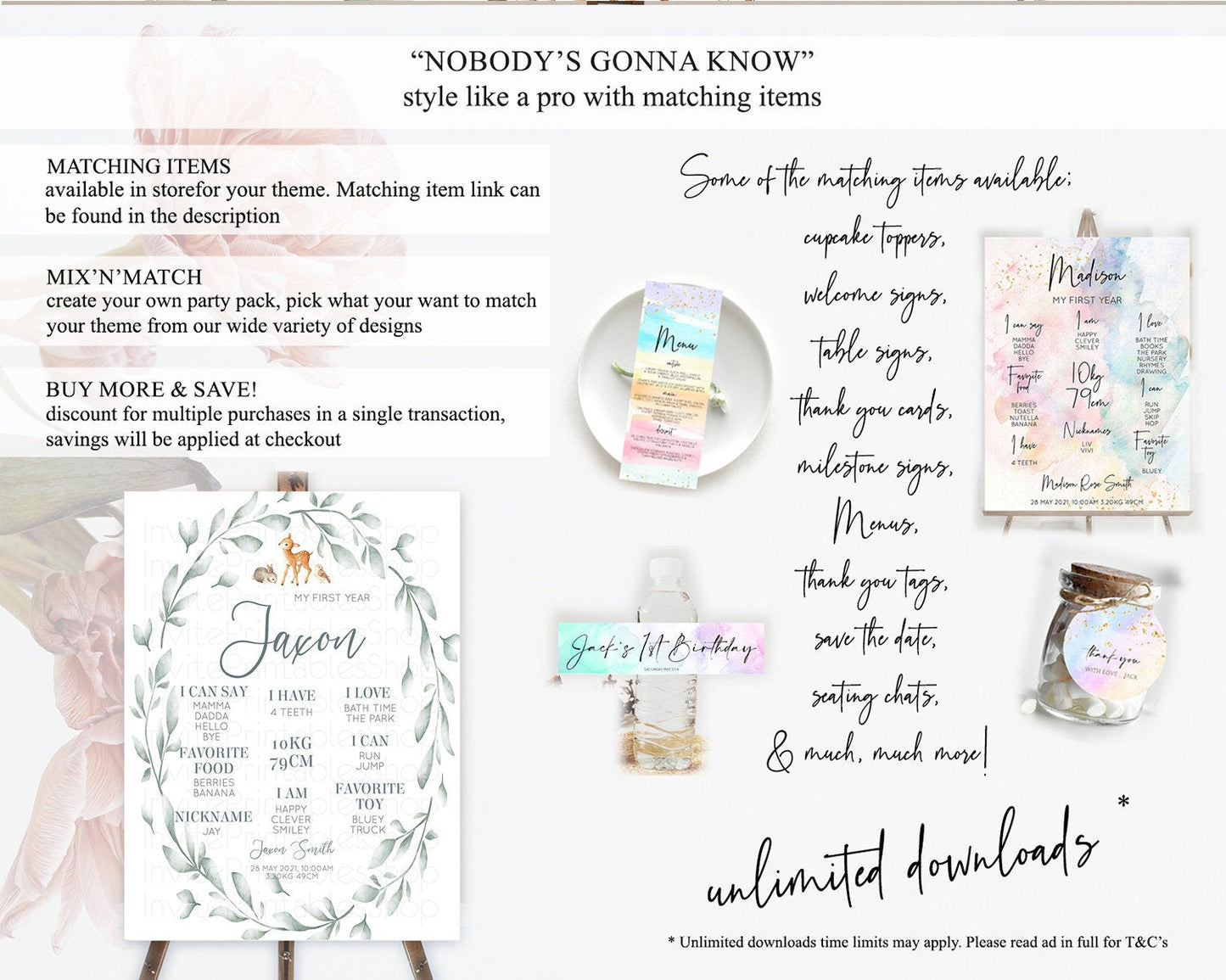Fawn First Birthday Milestone Board Deer First Birthday Milestone Poster Enchanted Forest Butterfly Pastel Flowers 1st Birthday Sign D10872