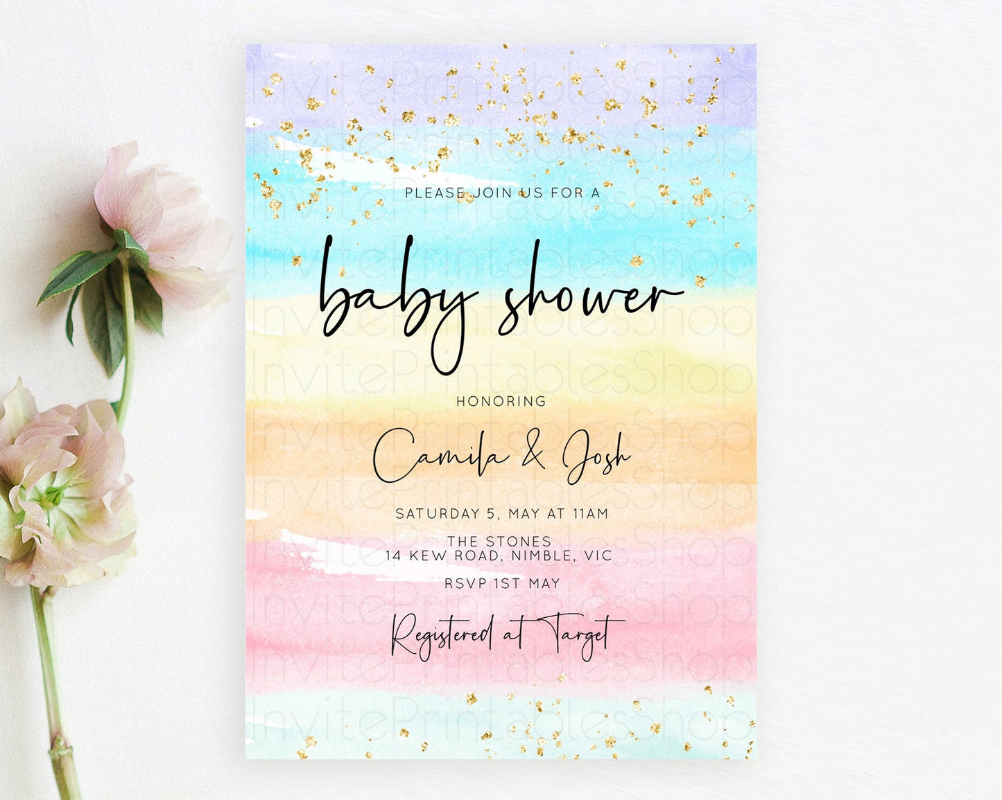 Pastel Baby Shower Invitation Rainbow Baby Shower Invitation Colorful Pastel Watercolor Invitation Gold Glitter Sprinkles Ombre D10505