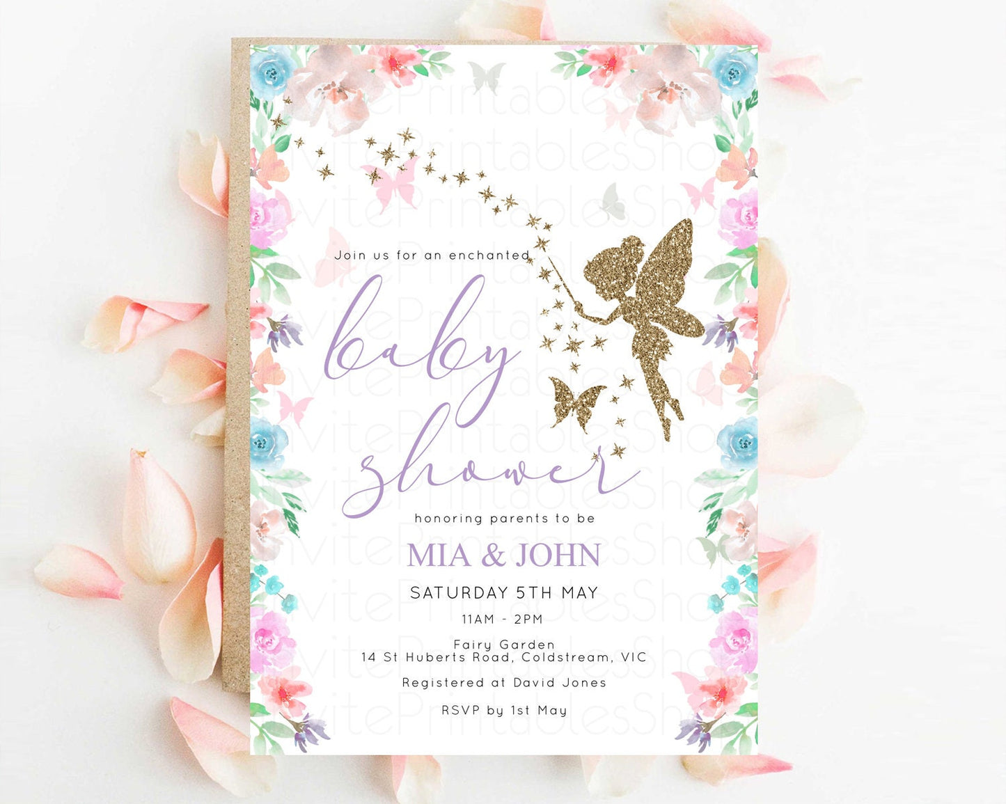 Fairy Baby Shower Invitation Fairy Garden Baby Shower Invitation Enchanted Garden Baby Shower Fairy Glitter Colorful Pastel Floral D10126