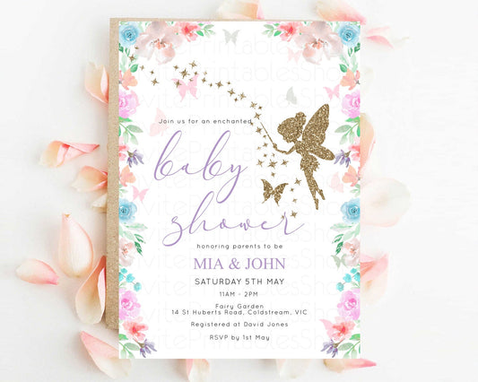 Fairy Baby Shower Invitation Fairy Garden Baby Shower Invitation Enchanted Garden Baby Shower Fairy Glitter Colorful Pastel Floral D10126