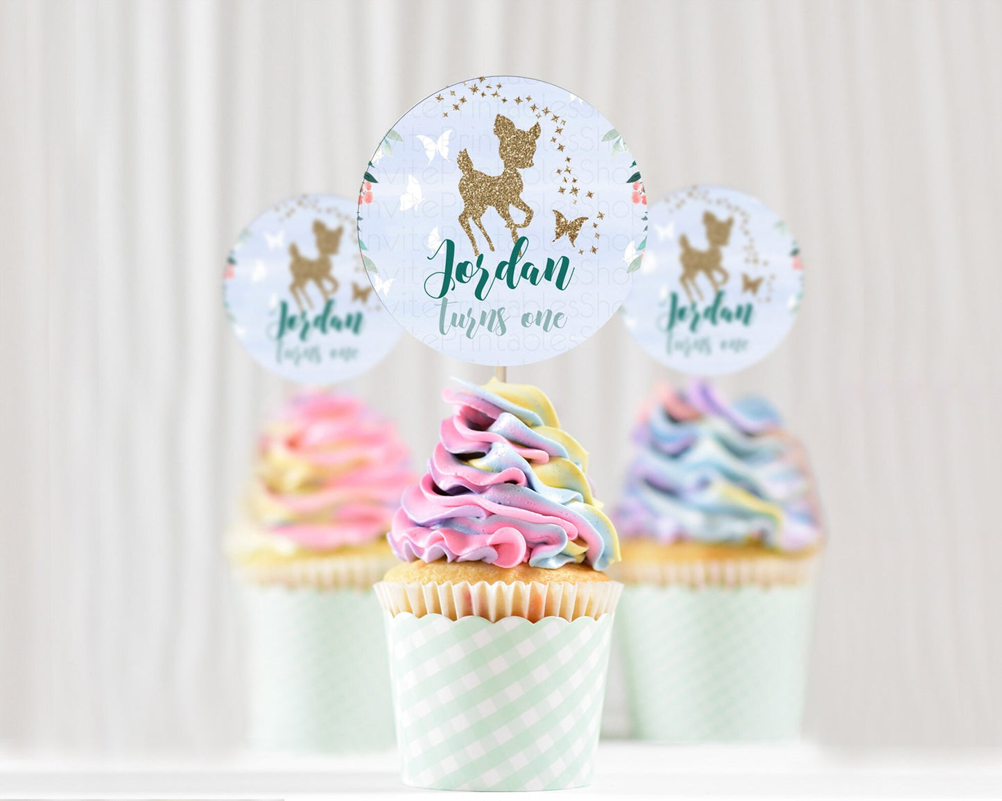 Fawn Cupcake Toppers Deer Cupcake Toppers Enchanted Forest Party Butterfly Pastel Flowers Woofland Cupcake Toppers First Birthday D10875