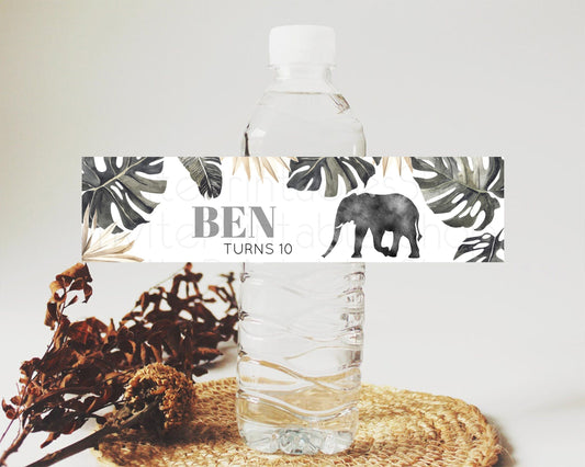 Elephant Water Label Template Elephant Safari Adventure Party Decor Dried Palm Fern Zoo Birthday Baptism Baby Shower Bridal Shower D10803