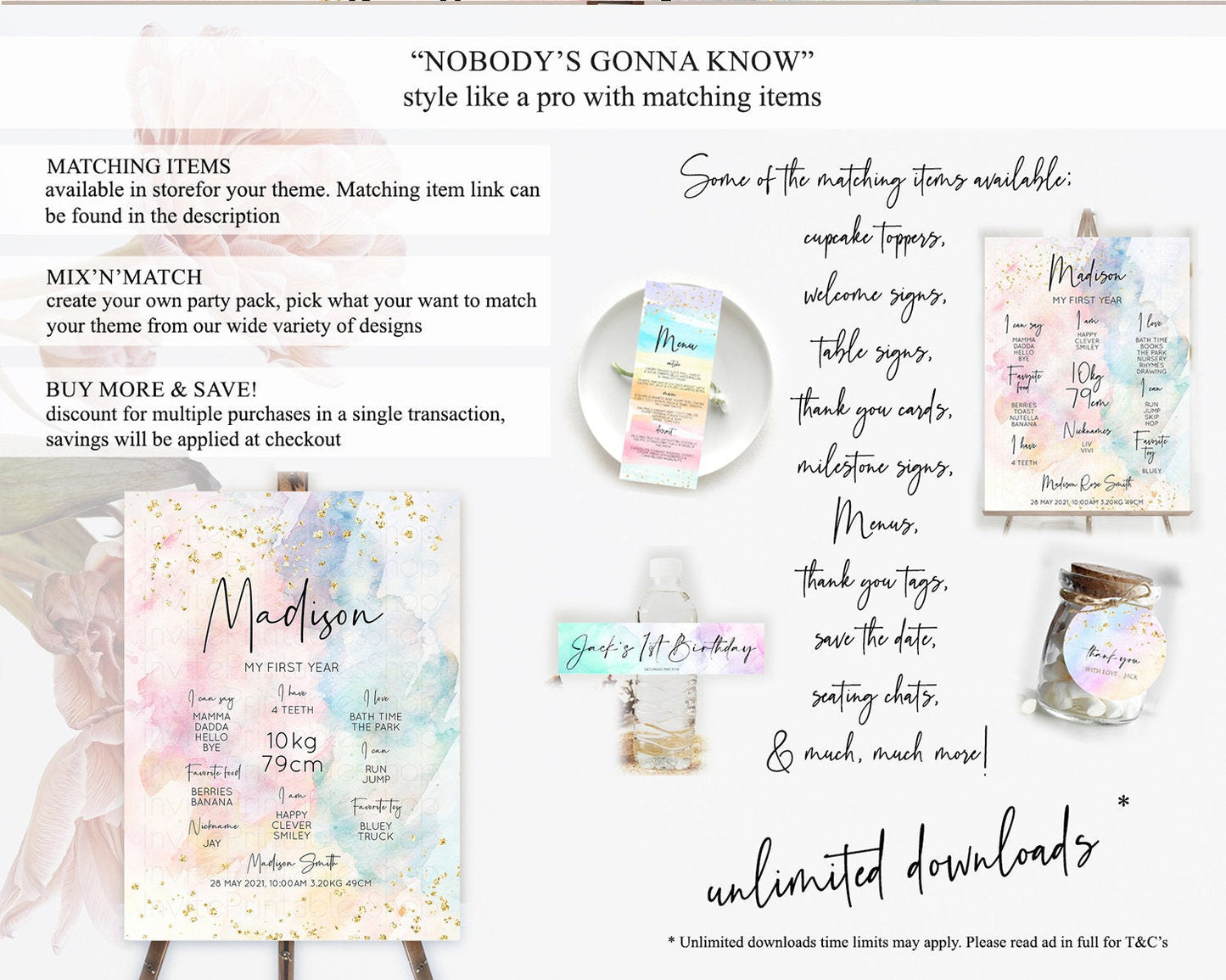Pastel First Birthday Milestone Board Pastel Rainbow Milestone Poster Colorful Confetti Watercolor Glitter 1st Birthday Welcome Sign D10263