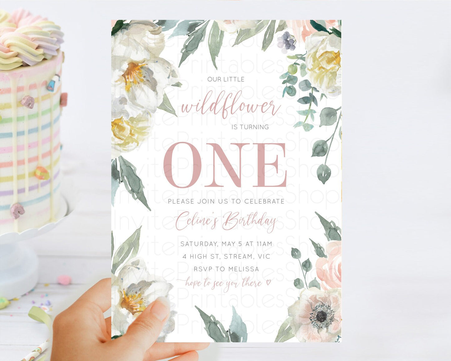 Secret Garden Invitation Wildflower Birthday Invite Pastel White Flowers Invite Enchanted Garden Boho Floral 3rd 2nd First Birthday D10121