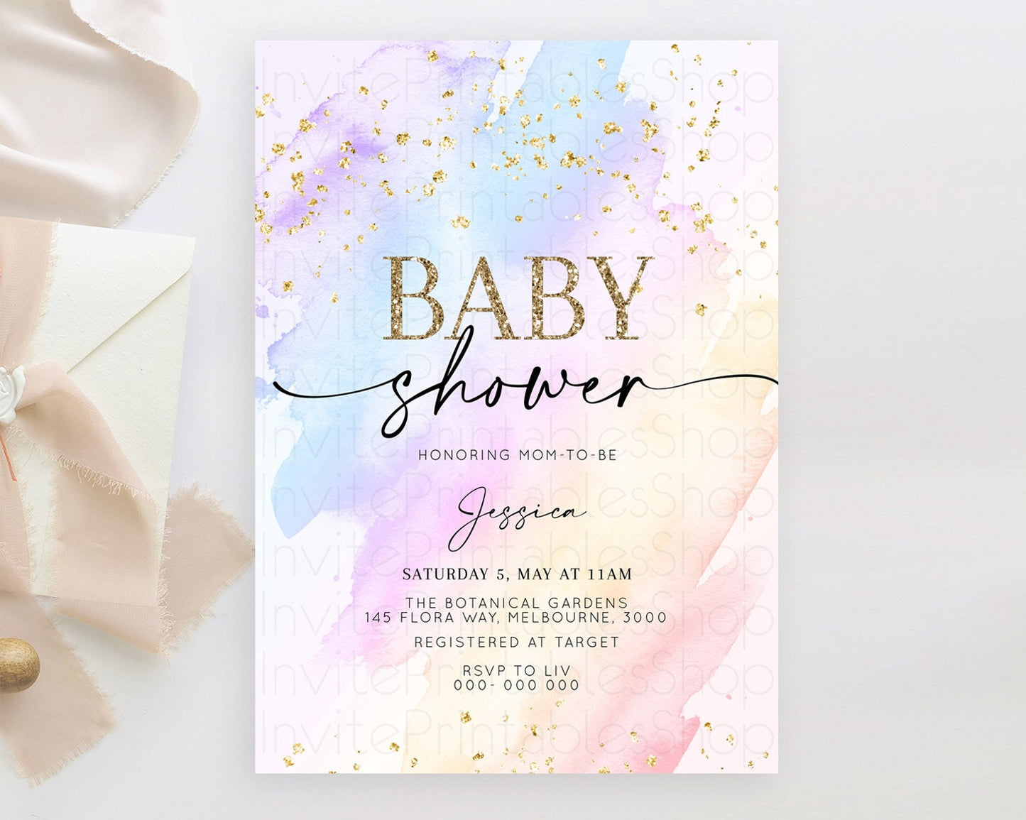 Pastel Baby Shower Invitation Rainbow Baby Shower Invitation Colorful Pastel Watercolor Invitation Gold Glitter Sprinkles Ombre D10635