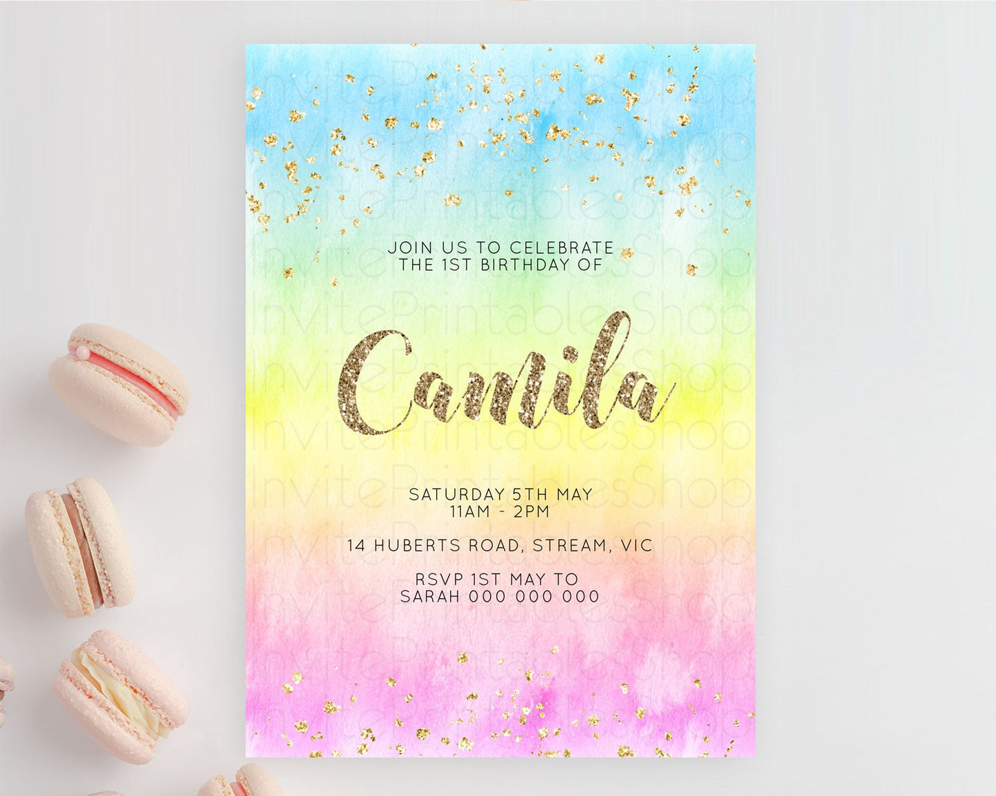 Rainbow Birthday Invitation Colorful Pastel Watercolor Invitation Gold Glitter Sprinkles Ombre Pastel 1st 2nd 3rd Birthday D10479
