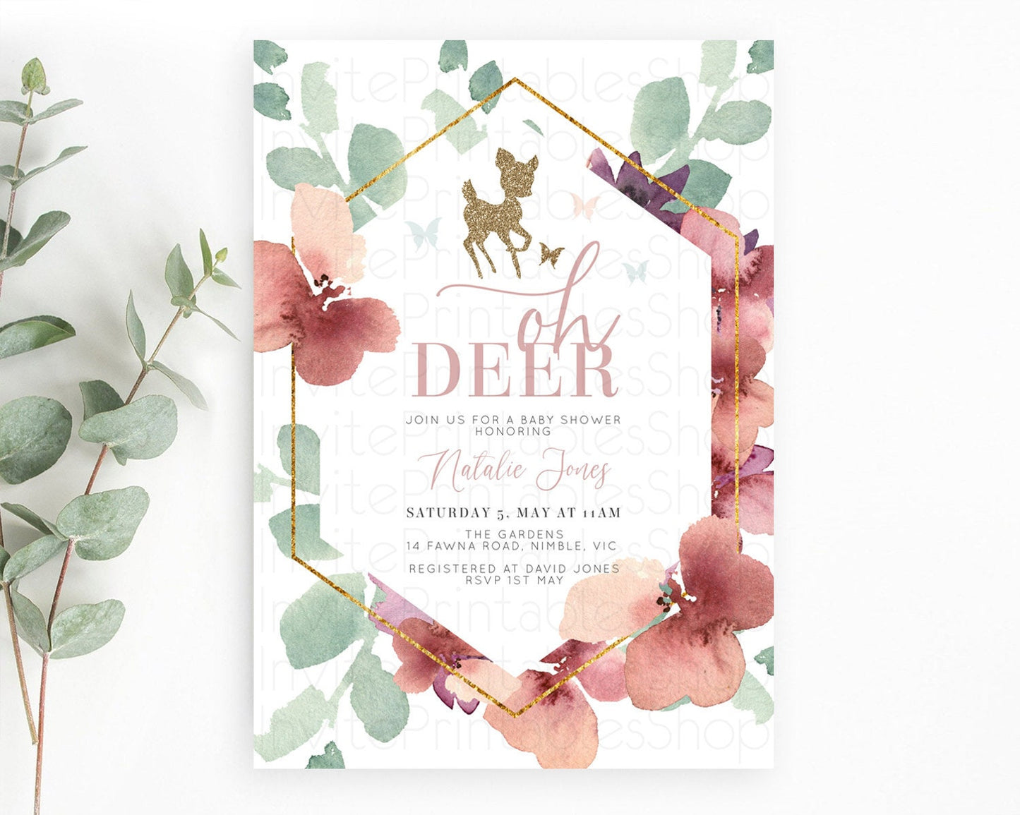 Fawn Baby Shower Invitation Deer Baby Shower Invites Enchanted Forest Theme Butterfly Pastel Flowers Whimsical Baby Shower D10459