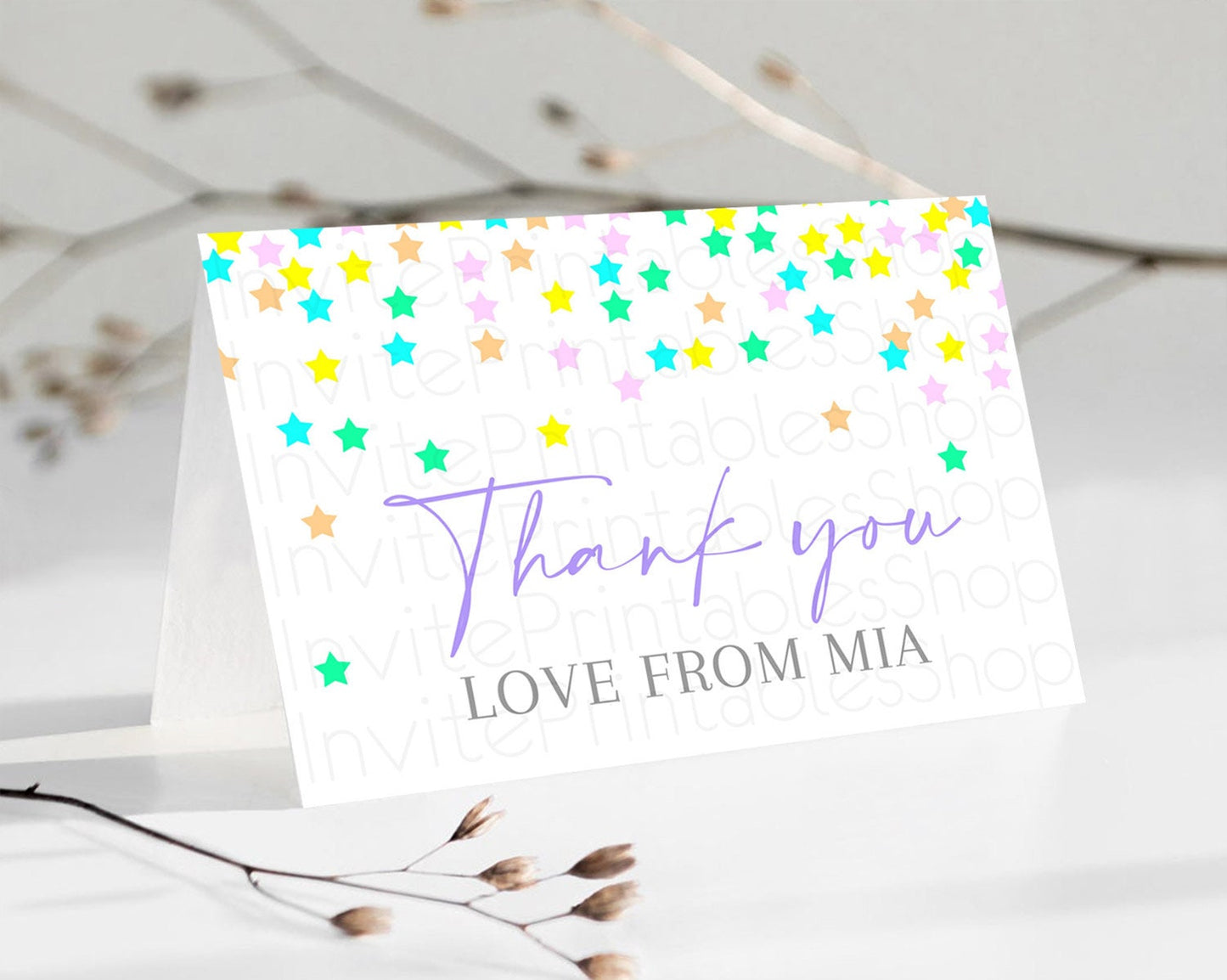 Star Thank You Card Pastel Stars Thank You Shooting Star Rainbow Colorful Confetti Twinkle Little Star Birthday Teacher Thank You D10395