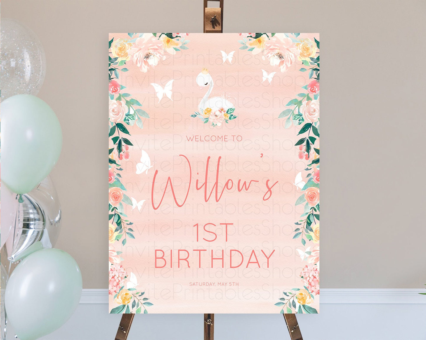 Swan Welcome Board Swan Princess Ballet Welcome Sign Enchanted Swan Lake Secret Garden Pastel Floral First Birthday Welcome Sign D10884