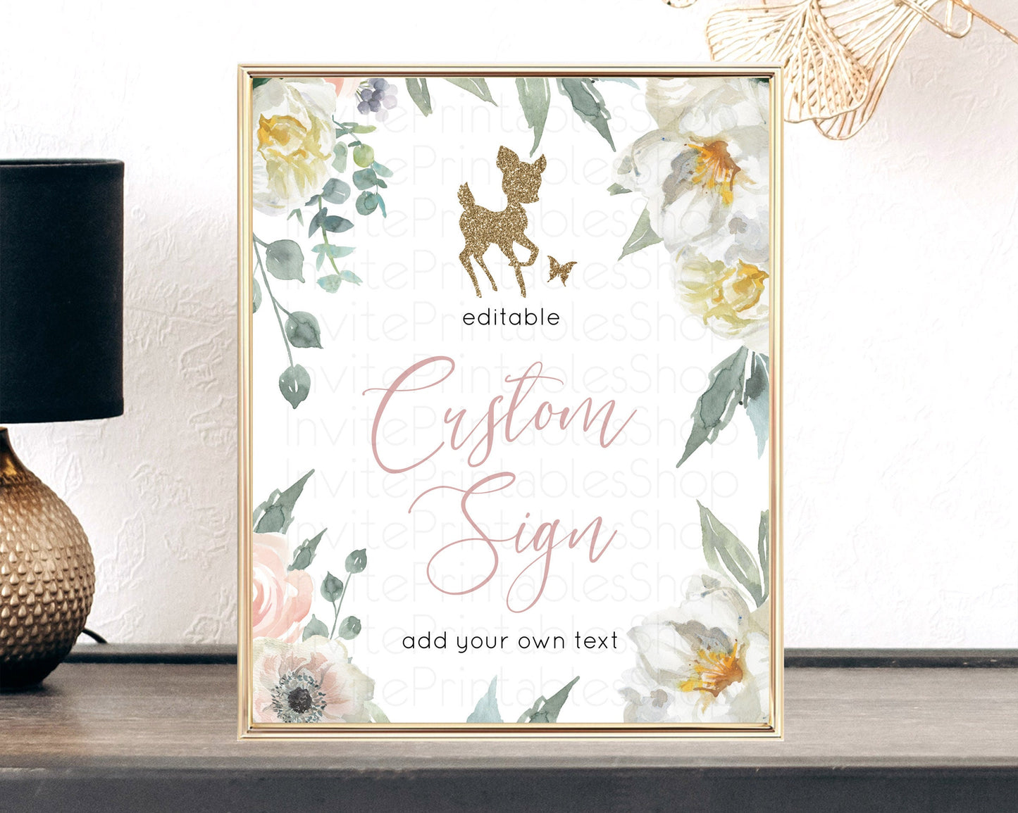 Fawn Deer Sign Pastel Floral Deer Table Sign Decor  Enchanted Forest Butterfly Party 1st Birthday Baptism Baby Shower Bridal Shower D10120