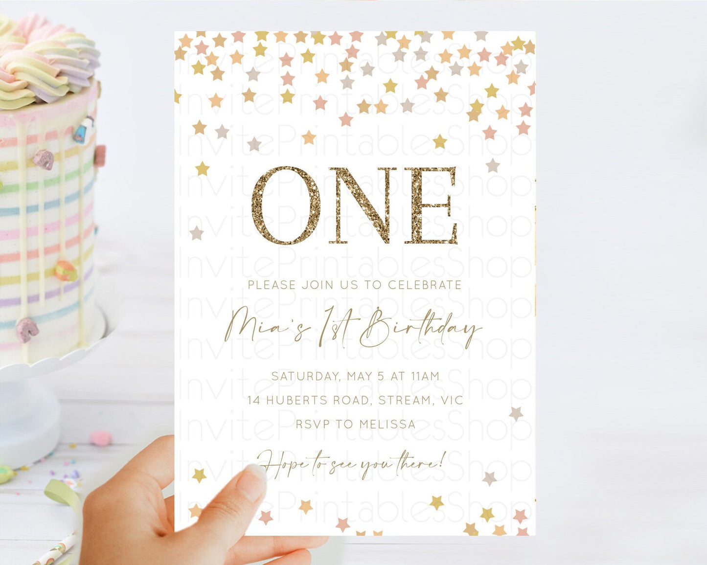 Star Birthday Invitation Pastel Stars Invite Shooting Star Party Rainbow Colorful Confetti Twinkle Little Star 2nd First Birthday D10342