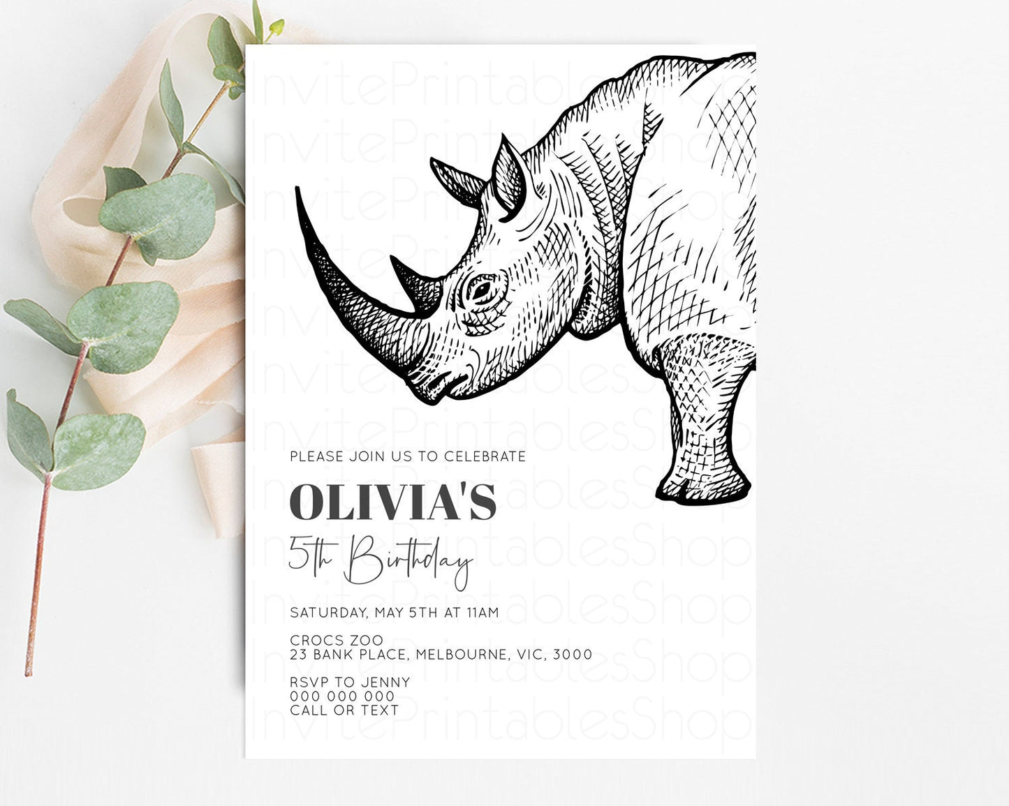 Rhinoceros Birthday Invitation Rhinoceros Invite Jungle Safari invite Watercolor Tropical Palm Adventure Zoo Party Wild Rhino Party t269