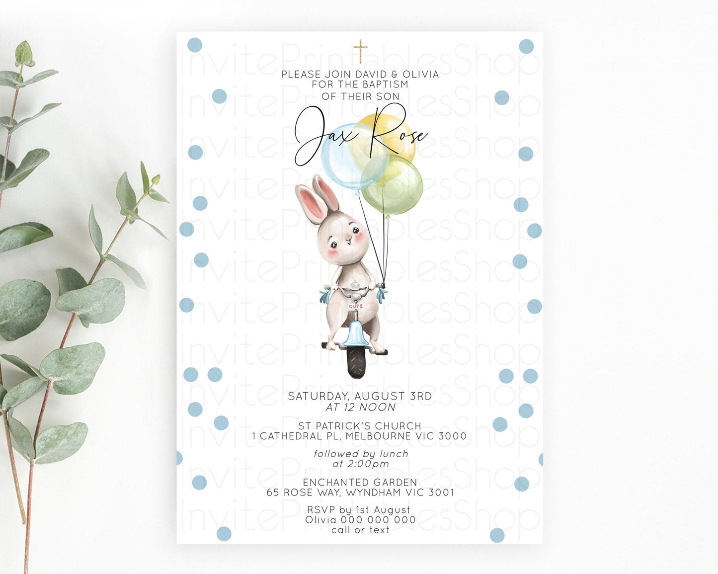 Bunny Baptism Invitation Pastel Bunny Baptism 1st Birthday Invitation Bunny Balloon Christening Invite Pastel Confetti Balloon Bunny D10783