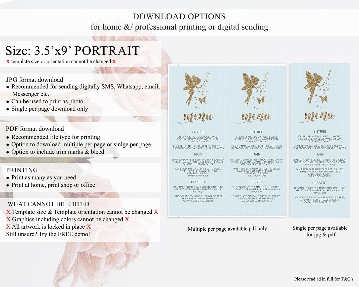 Fairy Menu Fairy Menu Template Enchanted Garden Pastel Floral Butterfly Table Decor Fairy Secret Garden Dinner Dessert Food Menu D10907