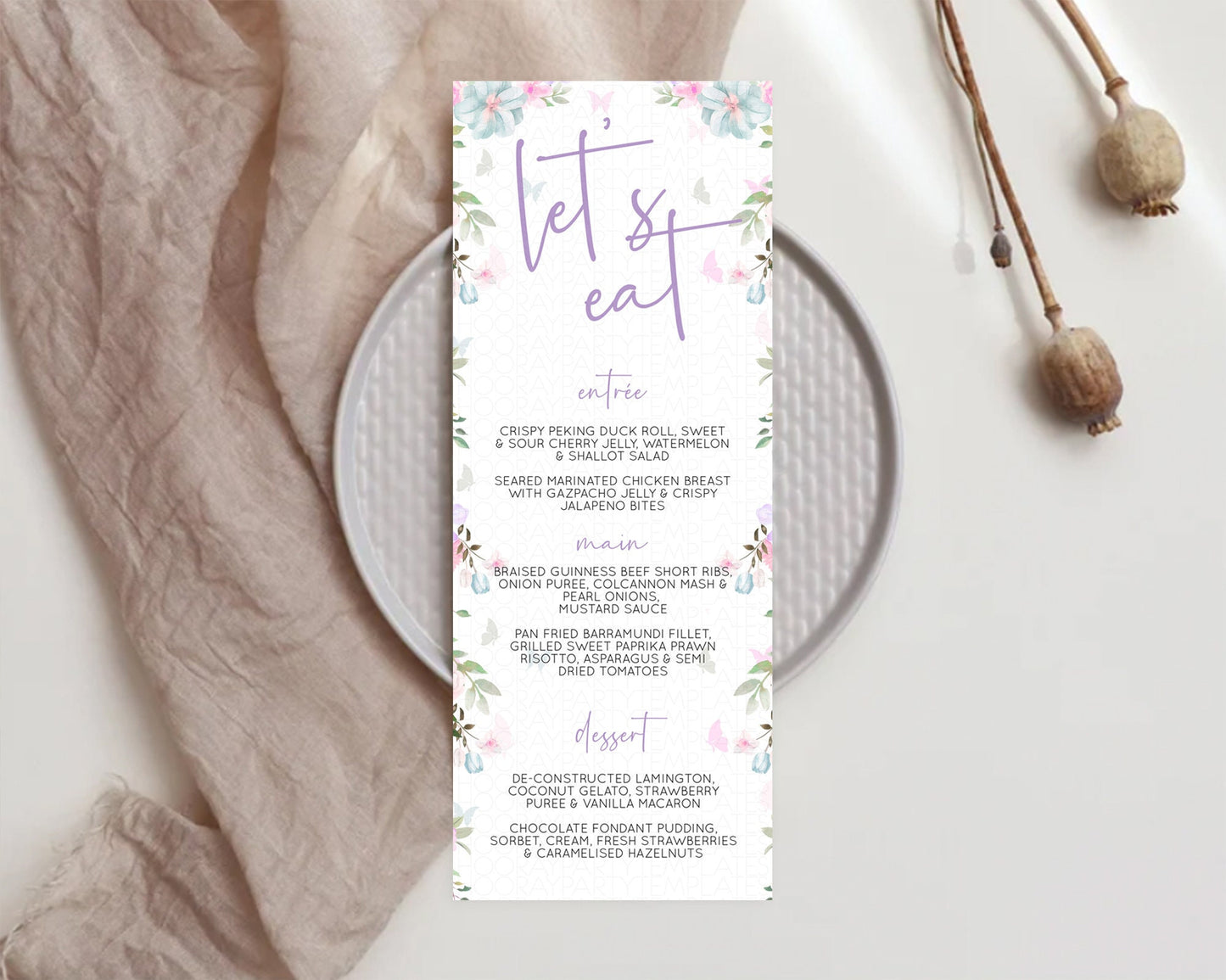 Secret Garden Menu Wildflower Menu Template Pastel Flower Garden Table Decor Boho Floral Dinner Dessert Floral Party Food Menu D10494