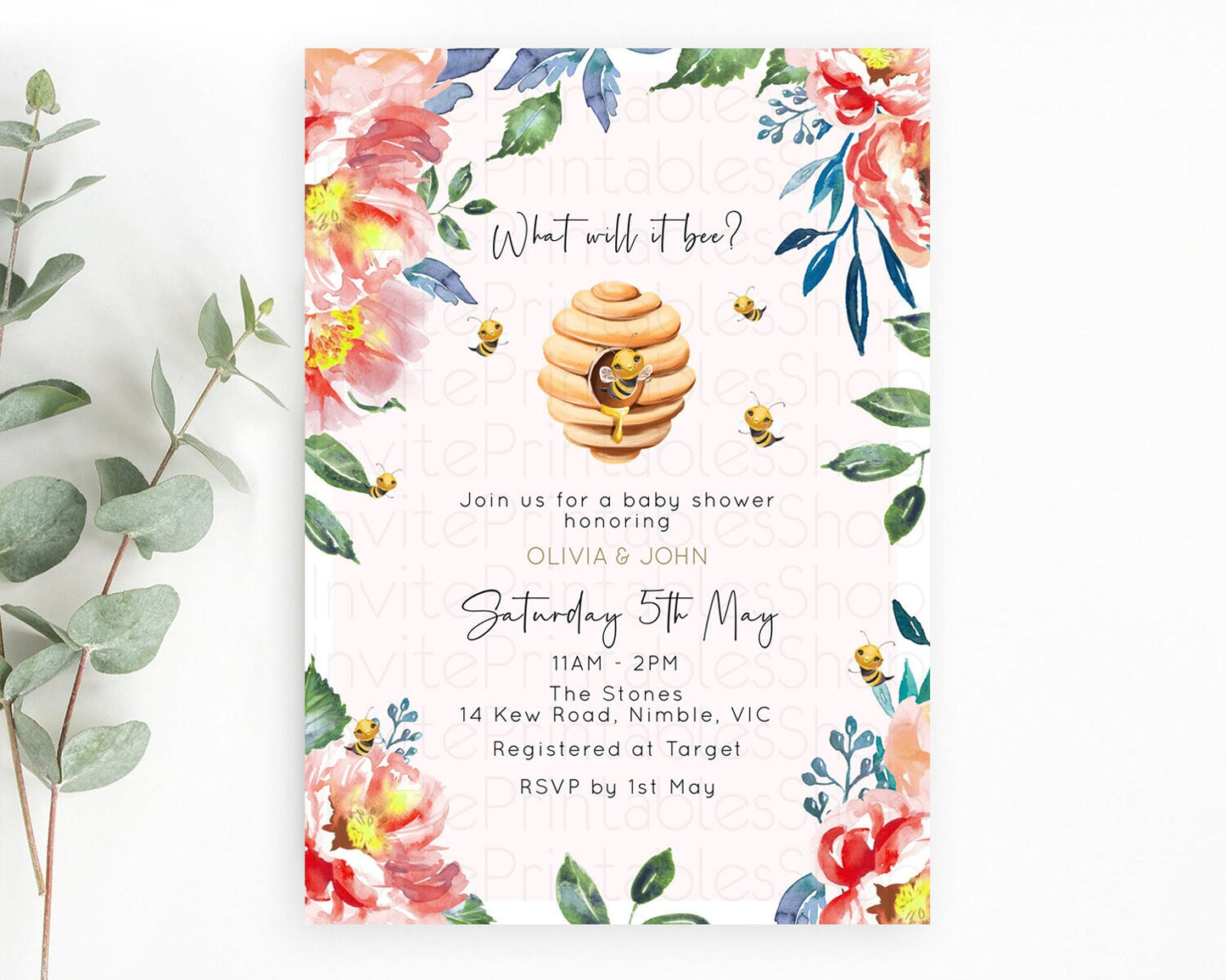 Momma Bee Baby Shower Invitation, Sweet Honey Bee, Floral Beehive, Red and Orange Flowers - Summery Yellow Bee Theme Gender Reveal D11036