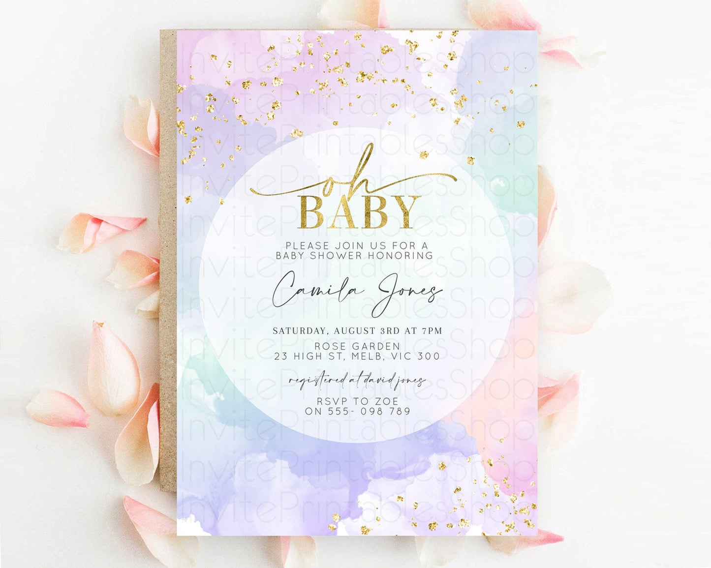 Pastel Rainbow Baby Shower Invitation, Colorful Watercolor with Gold Glitter Sprinkles and Ombre Clouds in Pink, Purple, Soft Green D10624