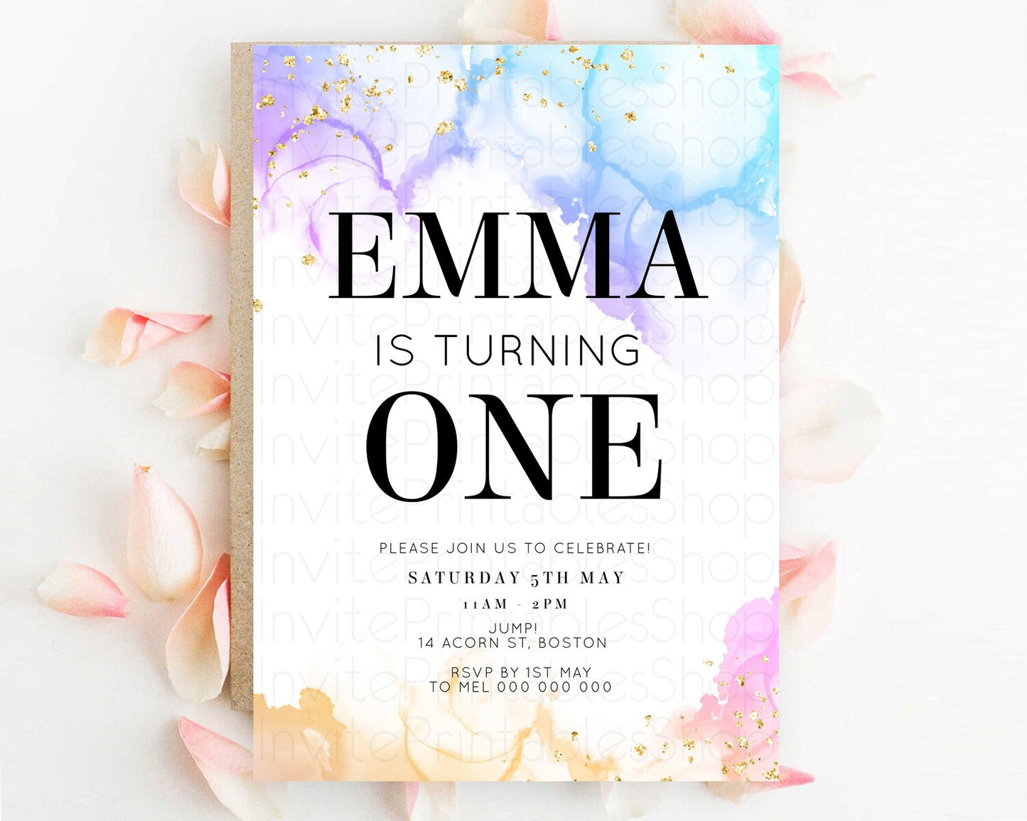 Rainbow Birthday Invitation Colorful Pastel Watercolor Invitation Gold Glitter Sprinkles Ombre Pastel 1st 2nd 3rd Birthday D11018