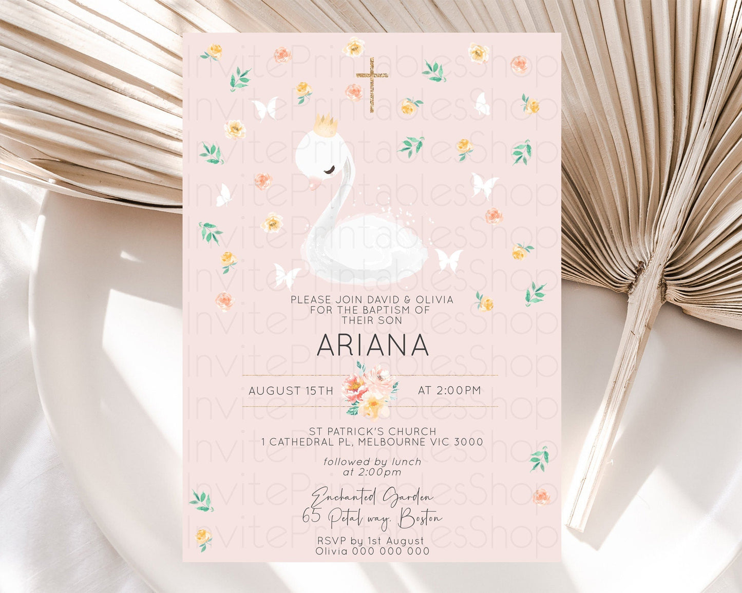 Swan Lake Baptism Invitation Swan Princess Ballet Baptism 1st Birthday Enchanted Forest Secret Garden Watercolour Pastel Floral D10388